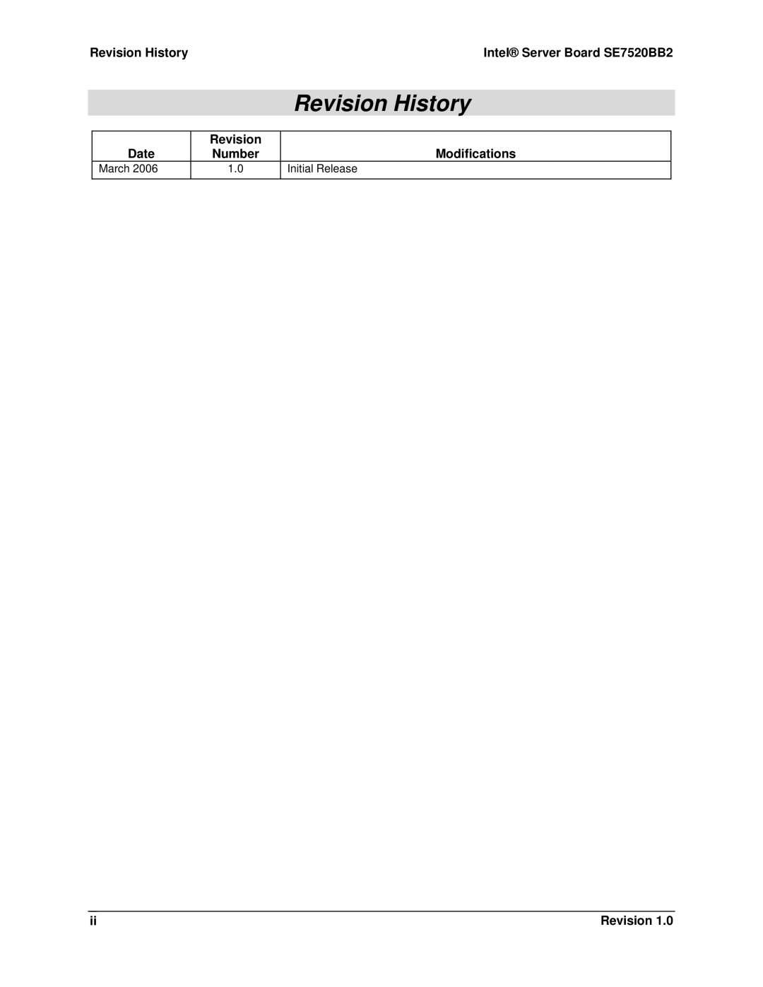 Intel SE7520BB2 manual Revision History 