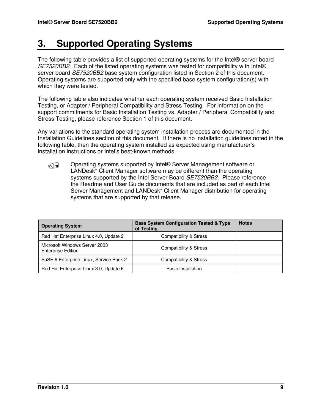 Intel SE7520BB2 manual Supported Operating Systems 