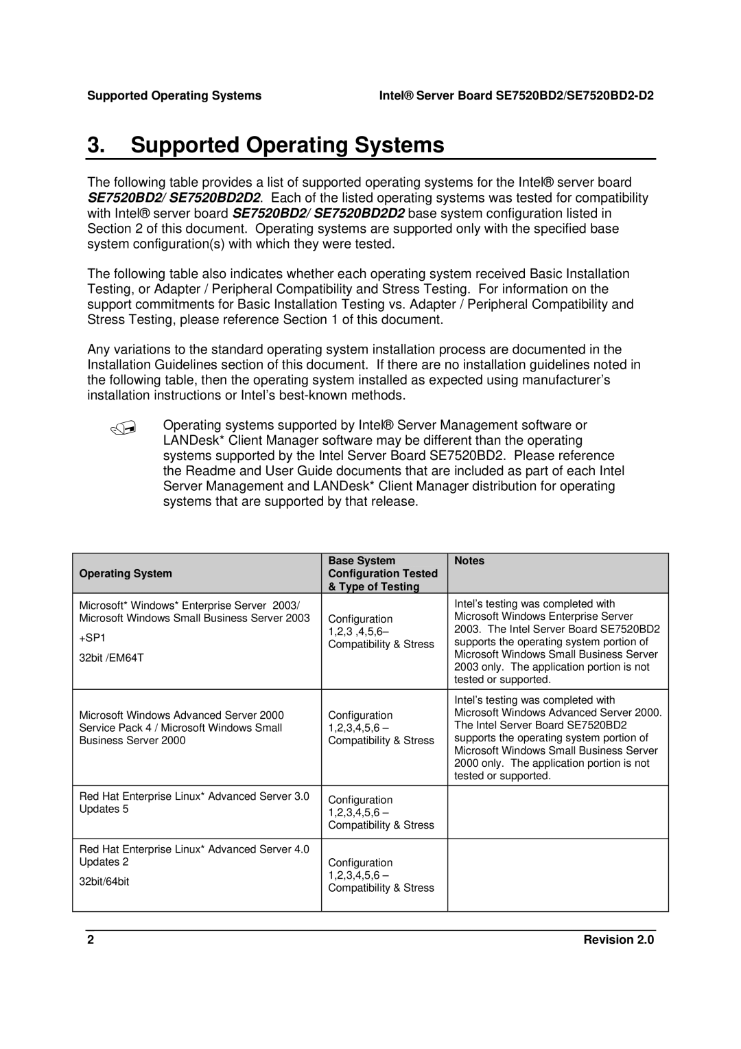 Intel SE7520BD2-D2 manual Supported Operating Systems 