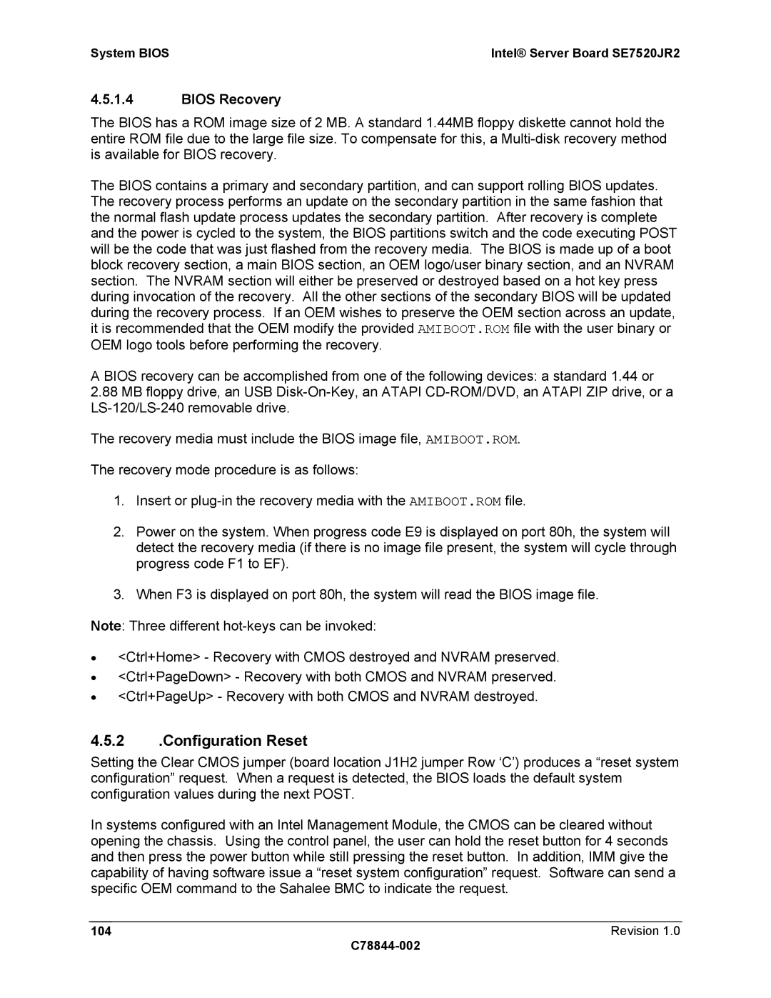 Intel SE7520JR2 manual Configuration Reset, Bios Recovery, Revision C78844-002 