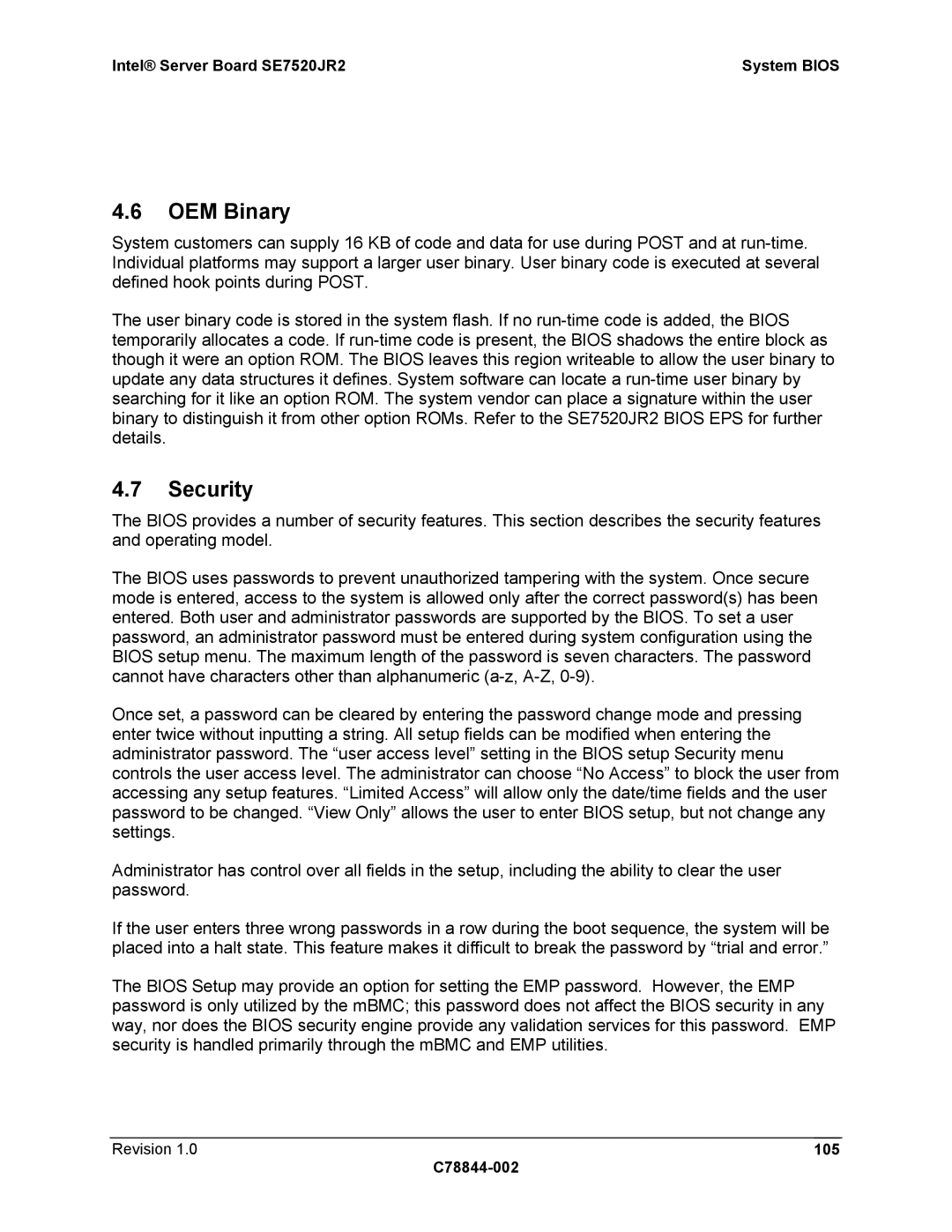 Intel SE7520JR2 manual OEM Binary, Security, Revision 105 C78844-002 