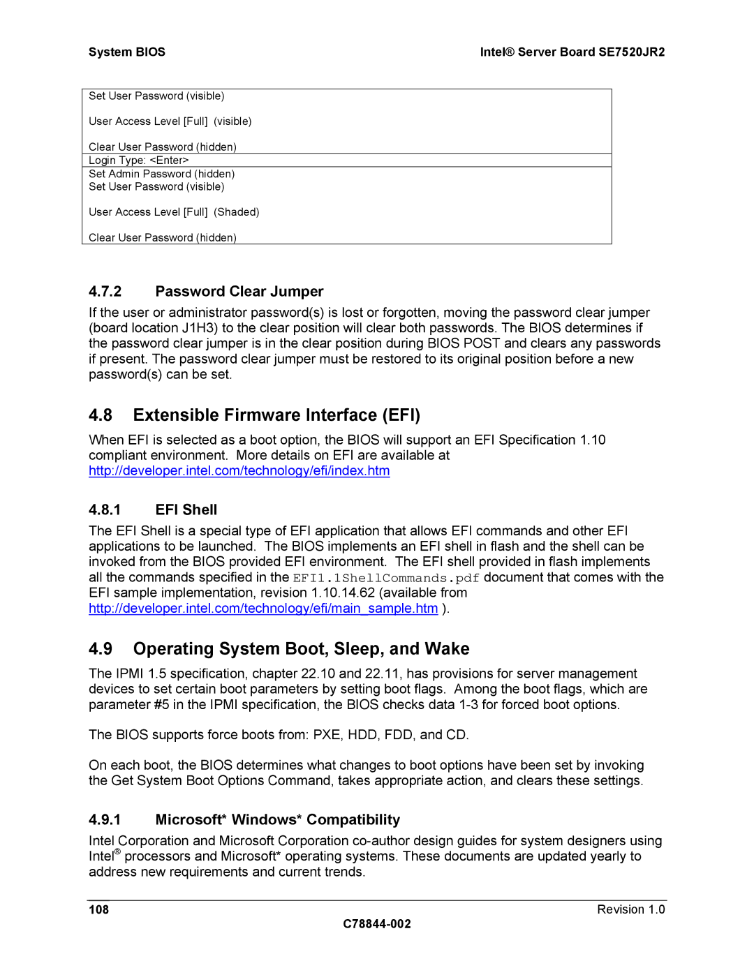 Intel SE7520JR2 manual Extensible Firmware Interface EFI, Operating System Boot, Sleep, and Wake, Password Clear Jumper 