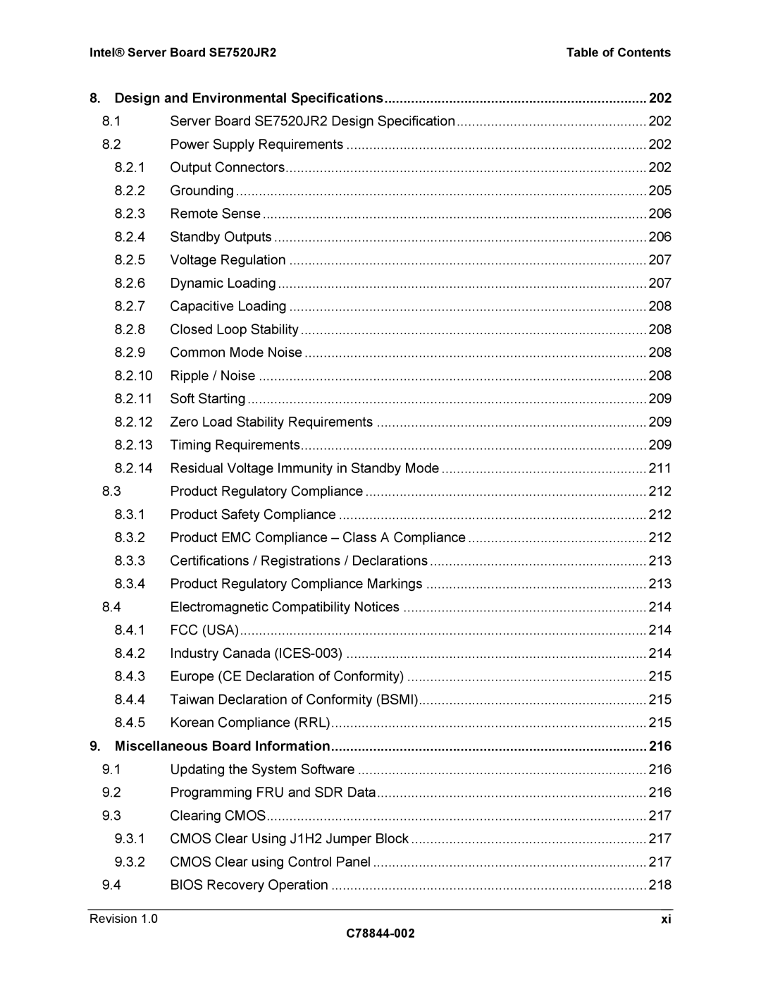 Intel SE7520JR2 manual 202, 216, Design and Environmental Specifications, Fcc Usa, Miscellaneous Board Information 