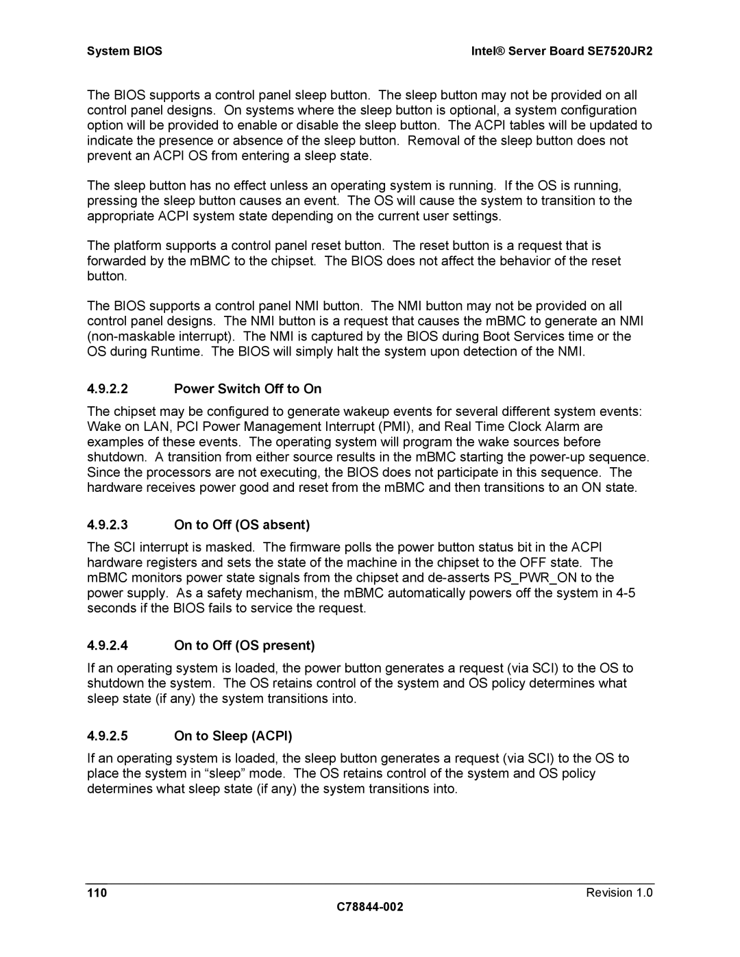 Intel SE7520JR2 Power Switch Off to On, On to Off OS absent, On to Off OS present, On to Sleep Acpi, Revision C78844-002 