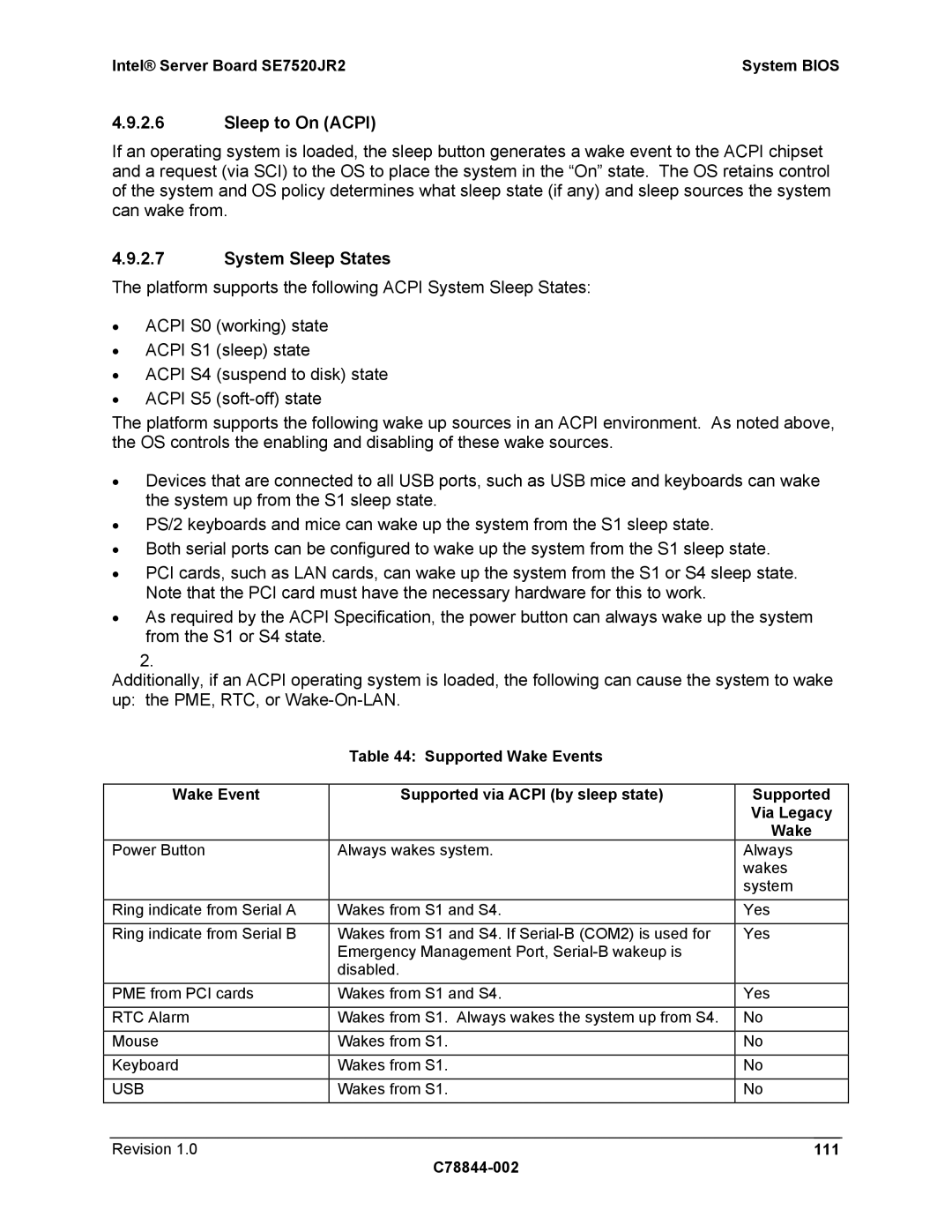 Intel SE7520JR2 manual Sleep to On Acpi, System Sleep States, C78844-002 111 