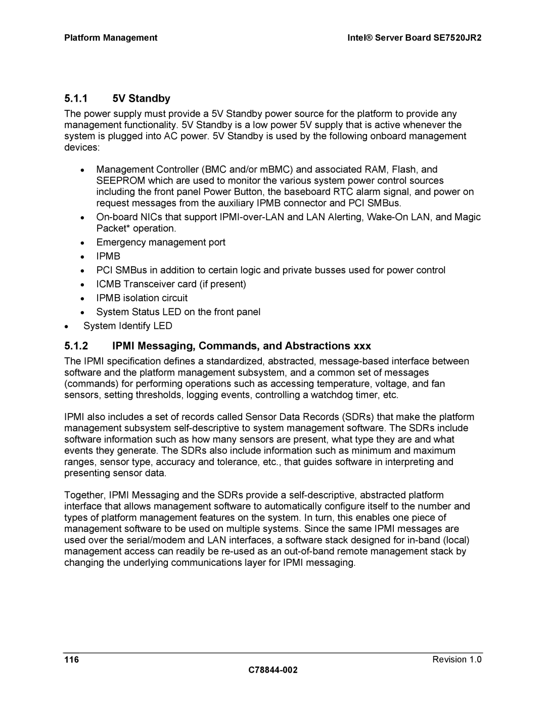 Intel SE7520JR2 manual 1 5V Standby, Ipmi Messaging, Commands, and Abstractions, Revision C78844-002 