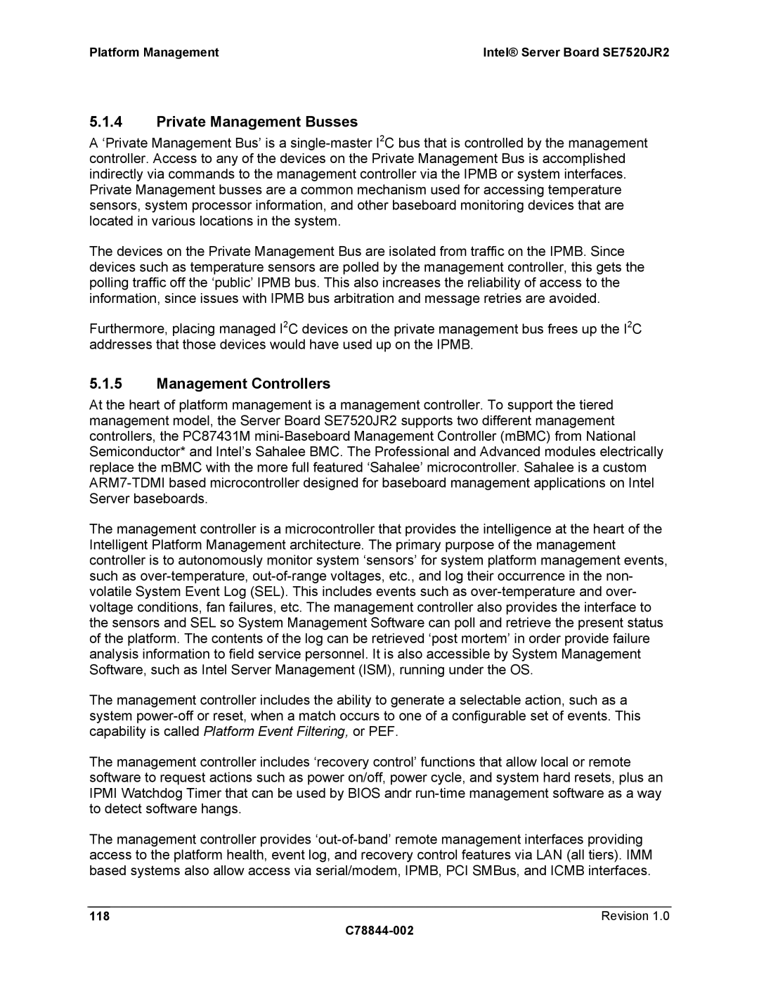 Intel SE7520JR2 manual Private Management Busses, Management Controllers, Revision C78844-002 