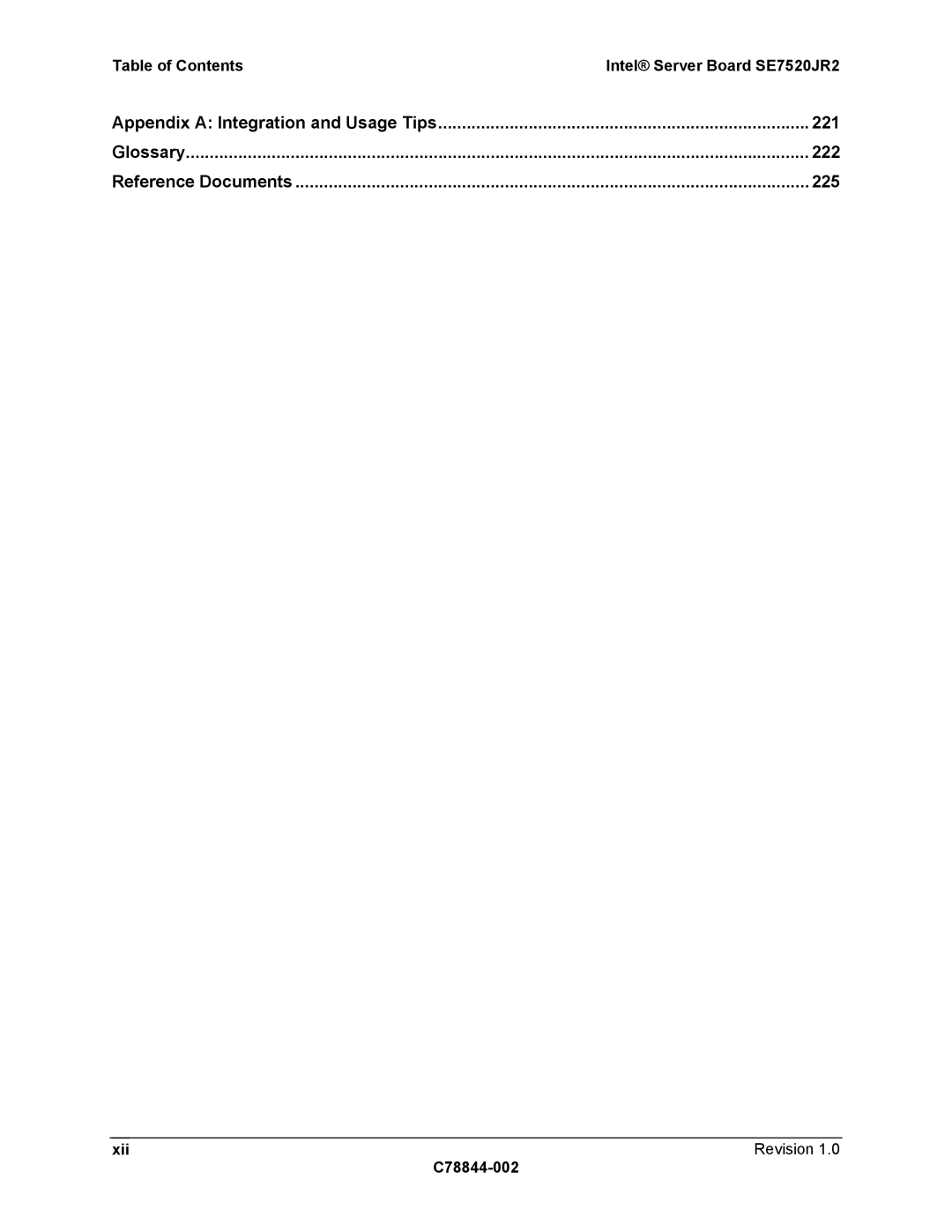 Intel SE7520JR2 manual Appendix a Integration and Usage Tips 221, 222, 225, Xii Revision C78844-002 