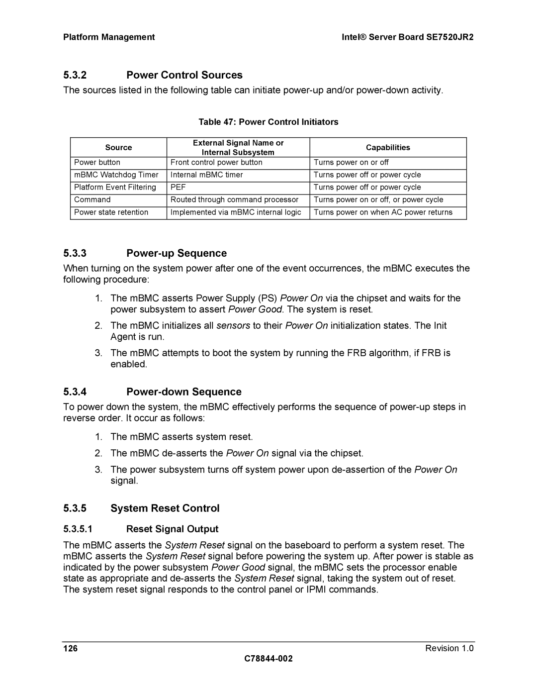 Intel SE7520JR2 Power Control Sources, Power-up Sequence, Power-down Sequence, System Reset Control, Reset Signal Output 