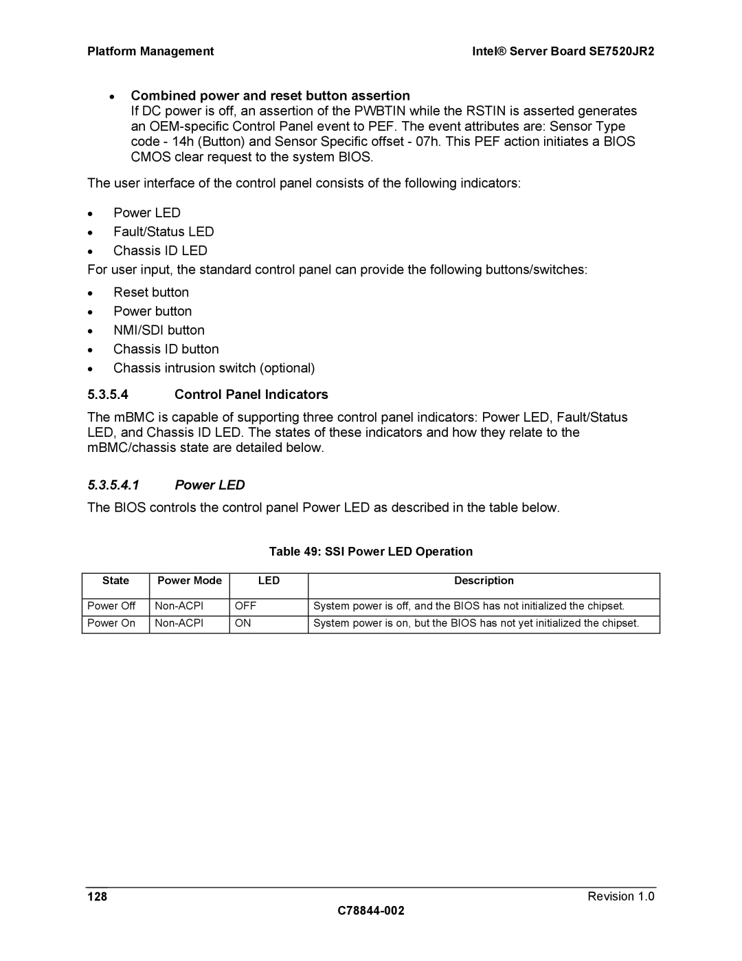 Intel SE7520JR2 manual Combined power and reset button assertion, Control Panel Indicators, SSI Power LED Operation 