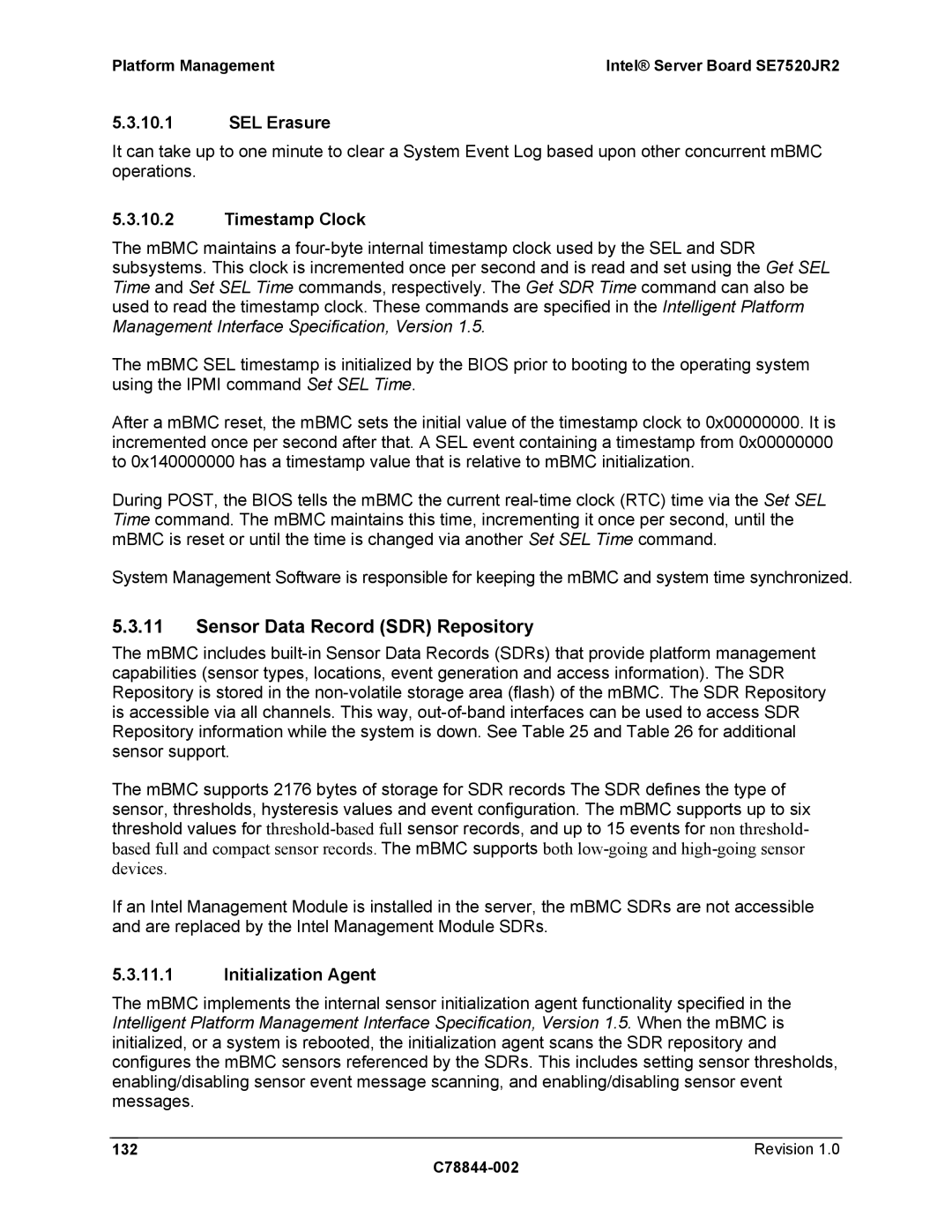 Intel SE7520JR2 Sensor Data Record SDR Repository, SEL Erasure, Timestamp Clock, Initialization Agent, Revision C78844-002 