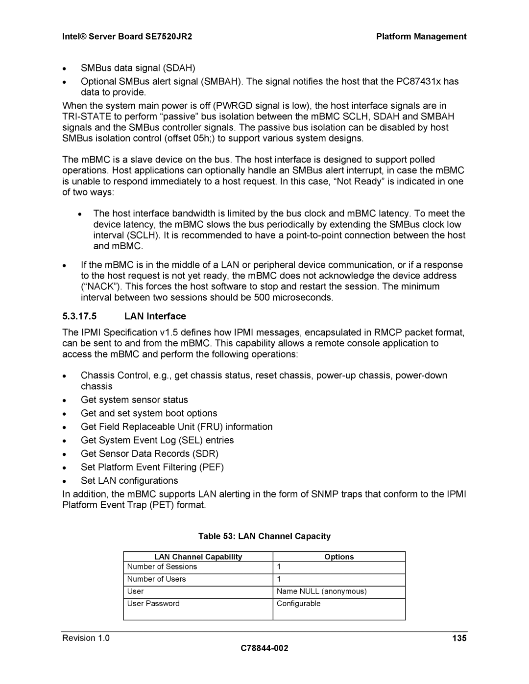 Intel SE7520JR2 manual LAN Interface, LAN Channel Capacity, Revision 135 C78844-002, LAN Channel Capability Options 