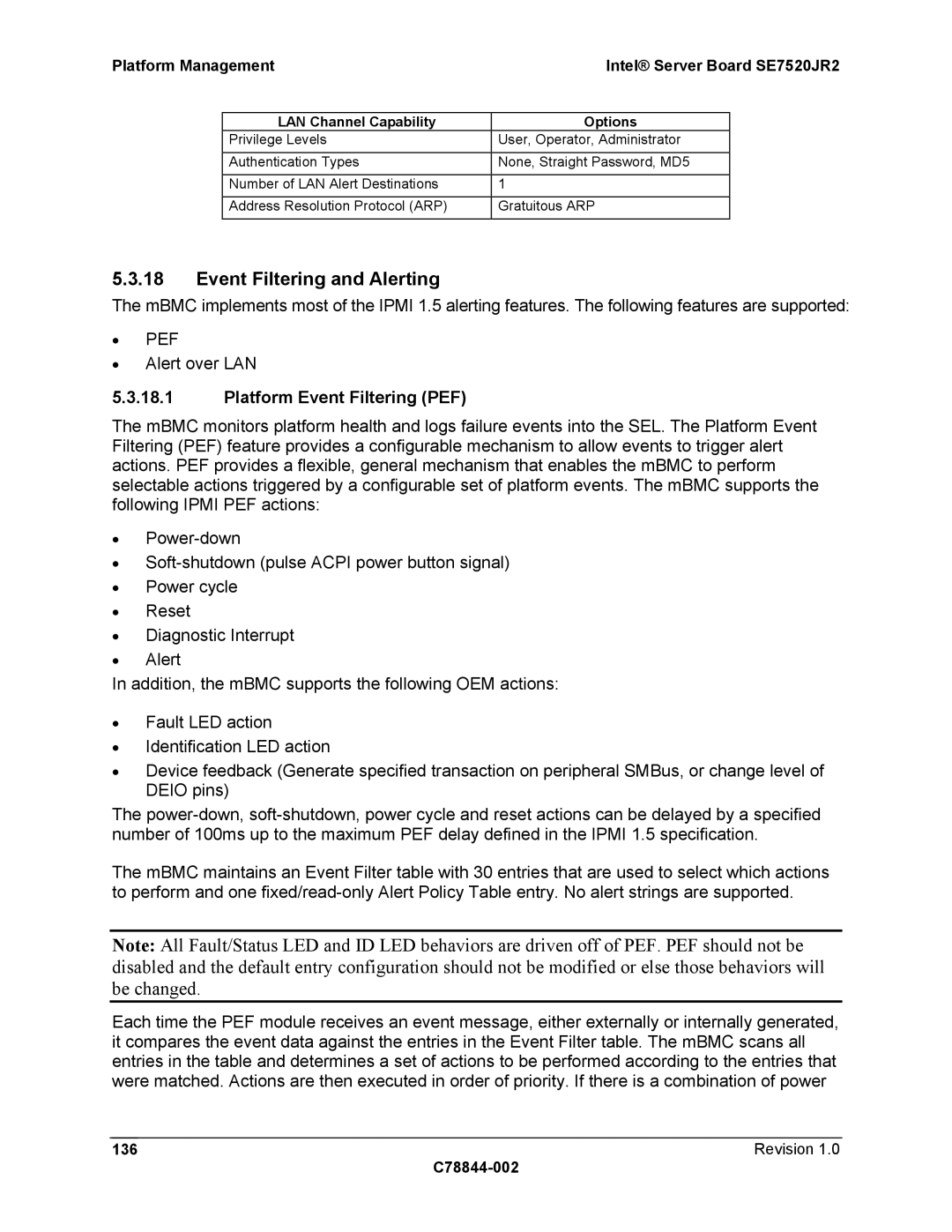 Intel SE7520JR2 manual Event Filtering and Alerting, Platform Event Filtering PEF, Revision C78844-002 