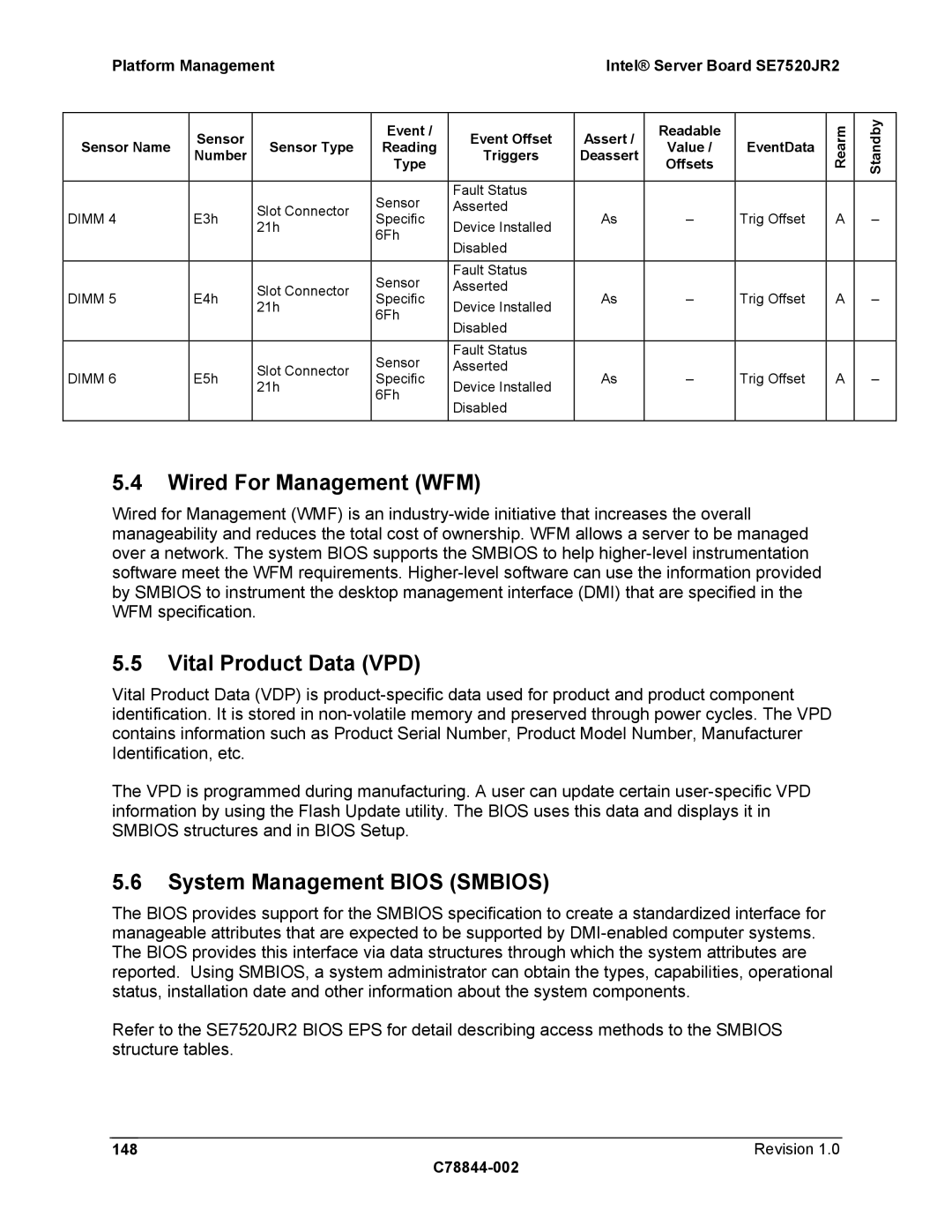 Intel SE7520JR2 manual Wired For Management WFM, Vital Product Data VPD, System Management Bios Smbios 