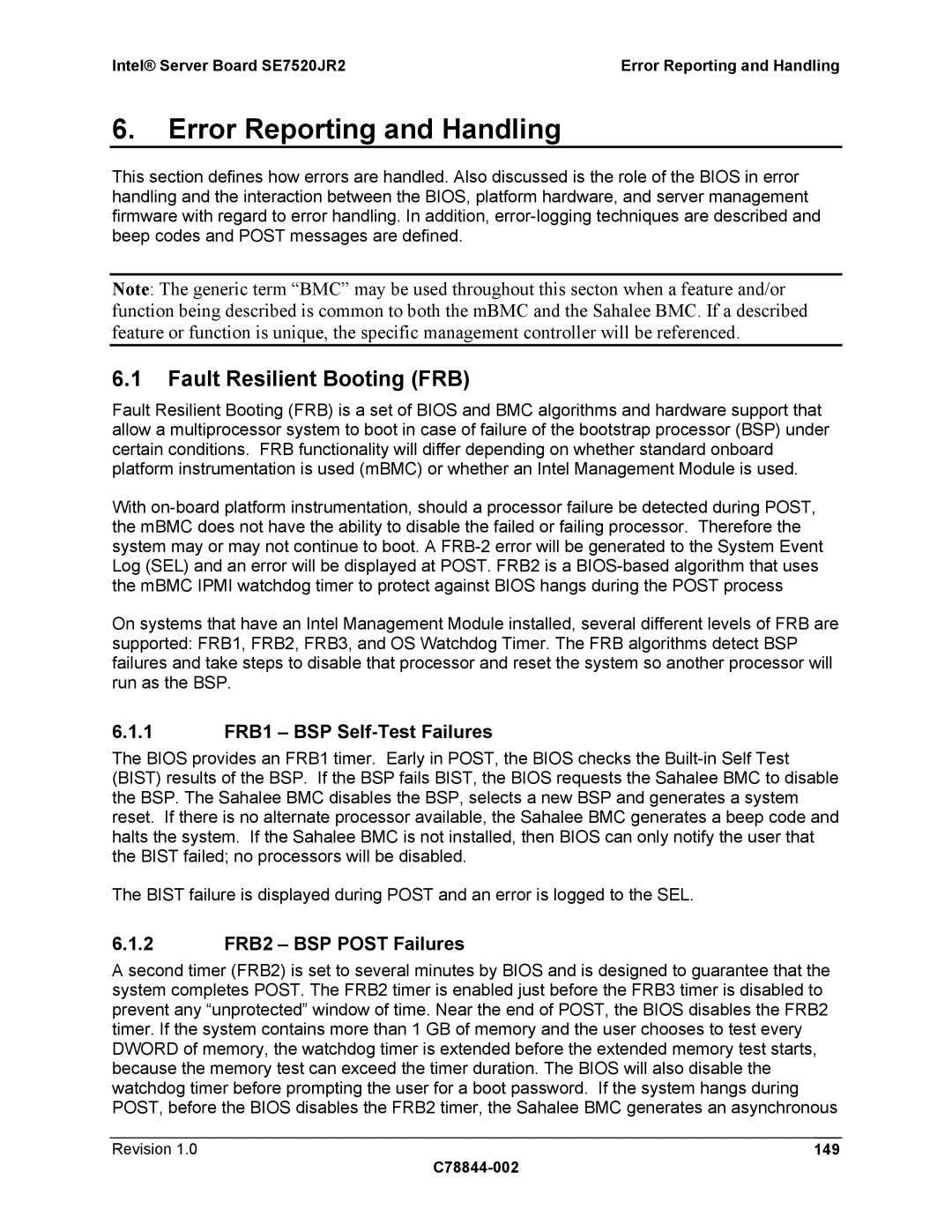 Intel SE7520JR2 manual Fault Resilient Booting FRB, 1 FRB1 BSP Self-Test Failures, 2 FRB2 BSP Post Failures 