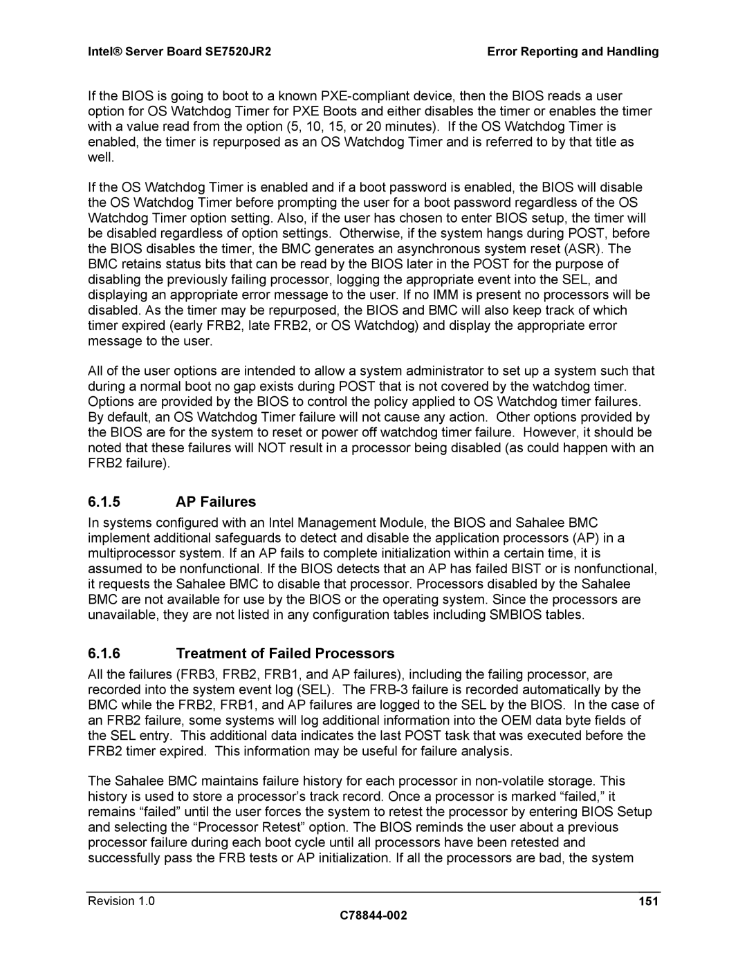 Intel SE7520JR2 manual AP Failures, Treatment of Failed Processors, Revision 151 C78844-002 