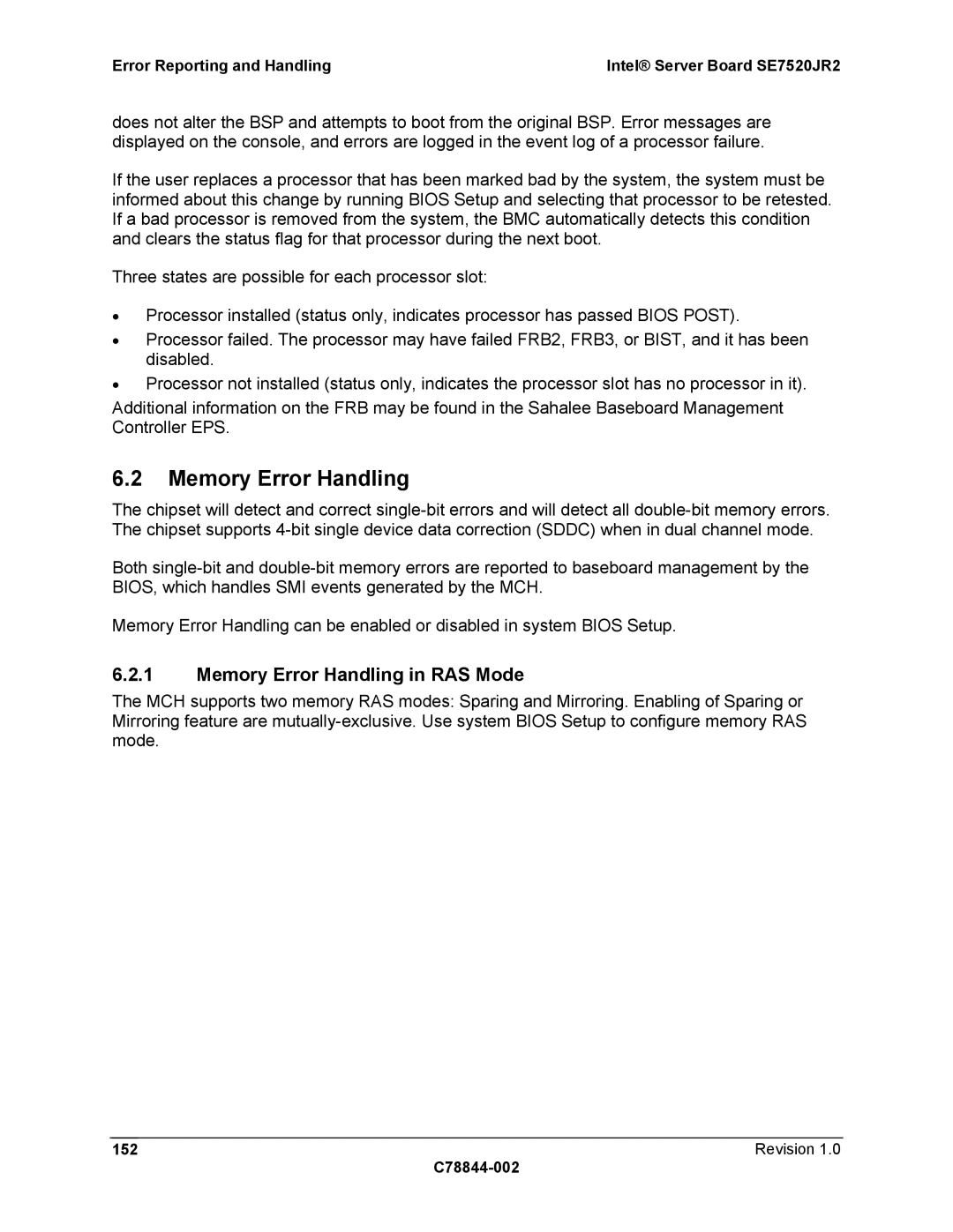 Intel SE7520JR2 manual Memory Error Handling in RAS Mode, Revision C78844-002 