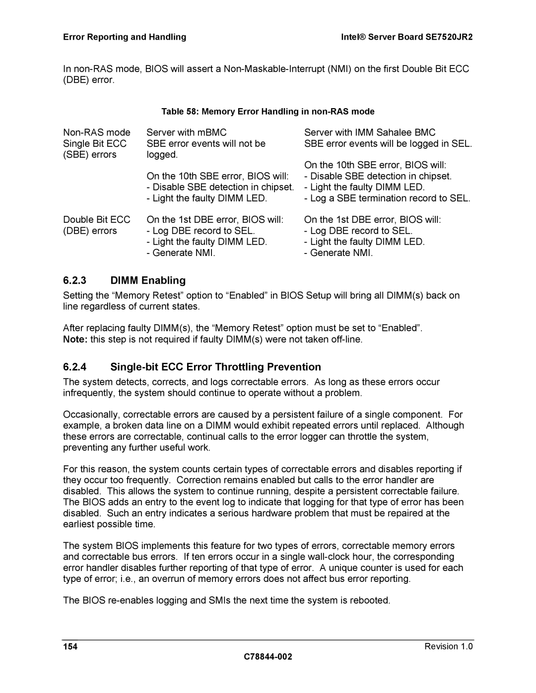 Intel SE7520JR2 manual Dimm Enabling, Single-bit ECC Error Throttling Prevention, Memory Error Handling in non-RAS mode 