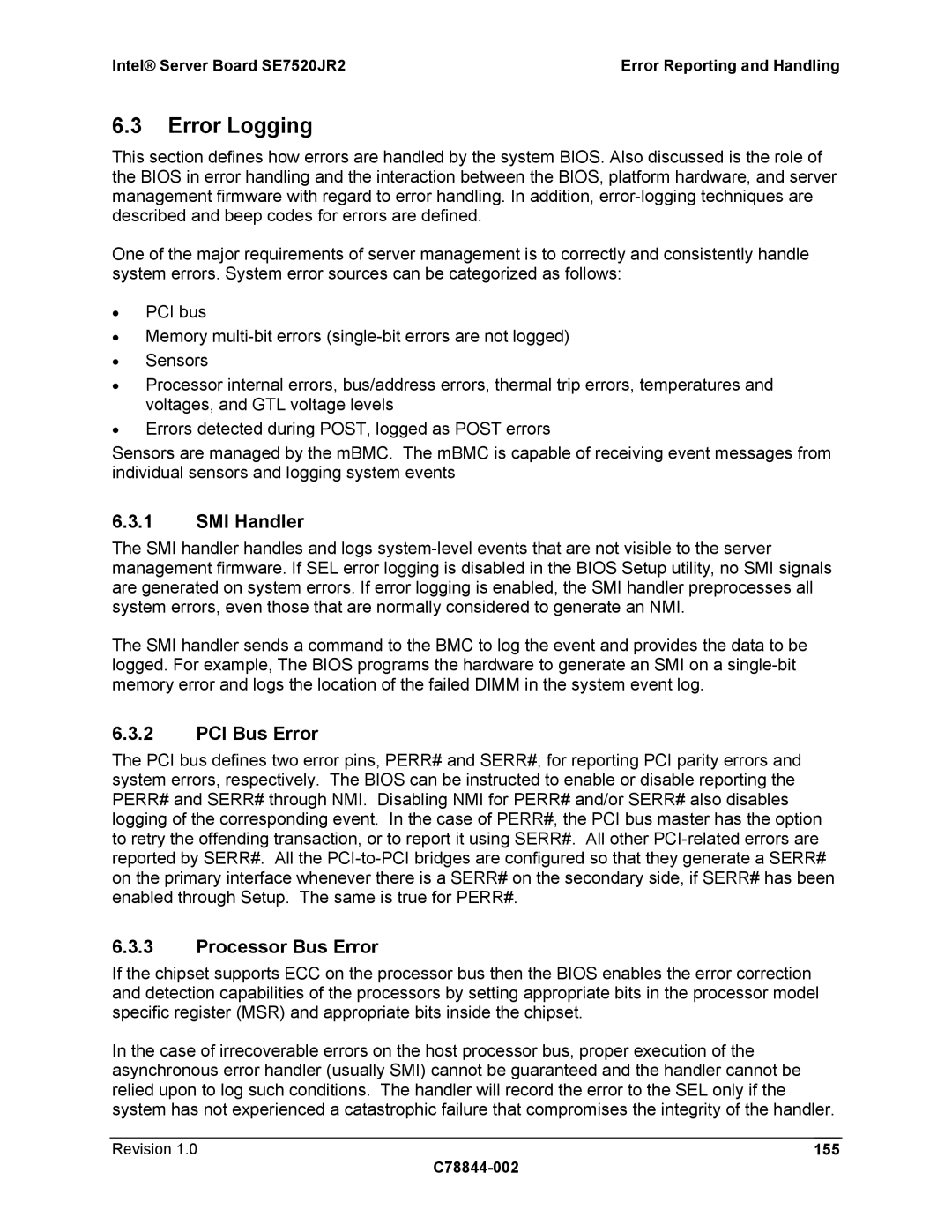 Intel SE7520JR2 manual Error Logging, SMI Handler, PCI Bus Error, Processor Bus Error, Revision 155 C78844-002 