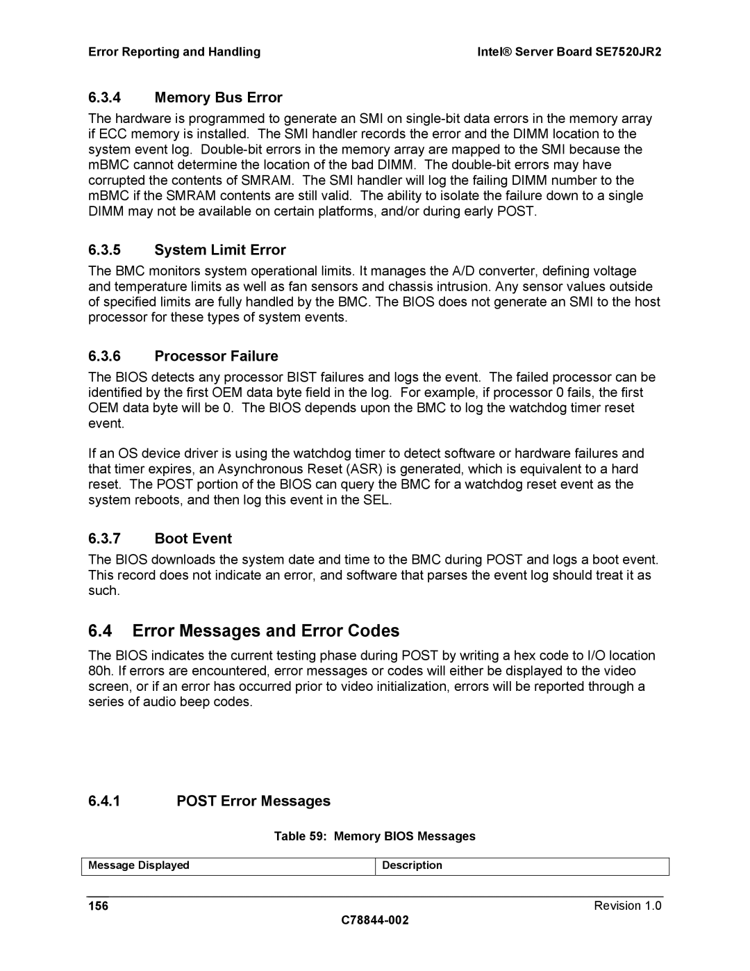 Intel SE7520JR2 manual Error Messages and Error Codes 