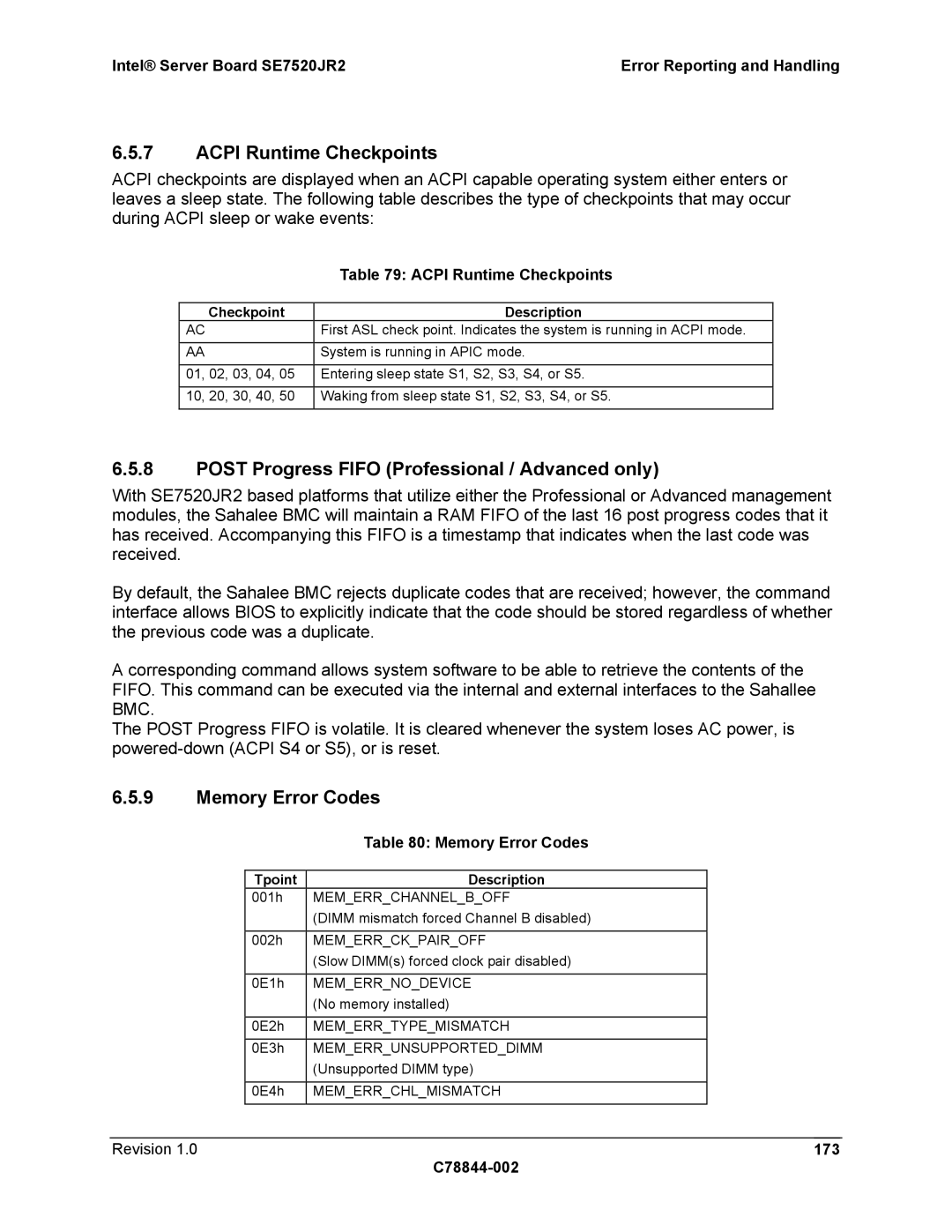 Intel SE7520JR2 manual Acpi Runtime Checkpoints, Post Progress Fifo Professional / Advanced only, Memory Error Codes 