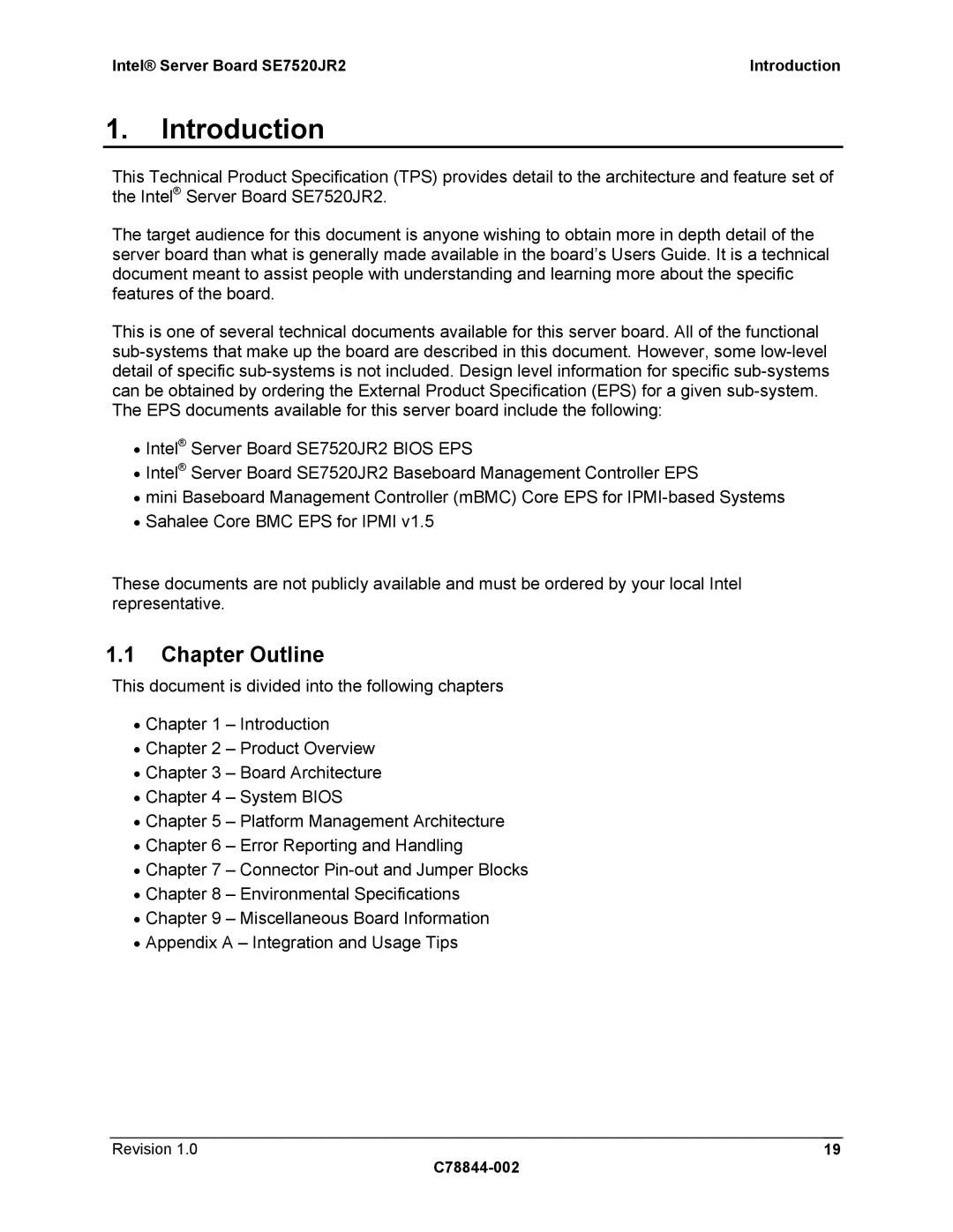 Intel manual Chapter Outline, Intel Server Board SE7520JR2 Introduction, Revision C78844-002 