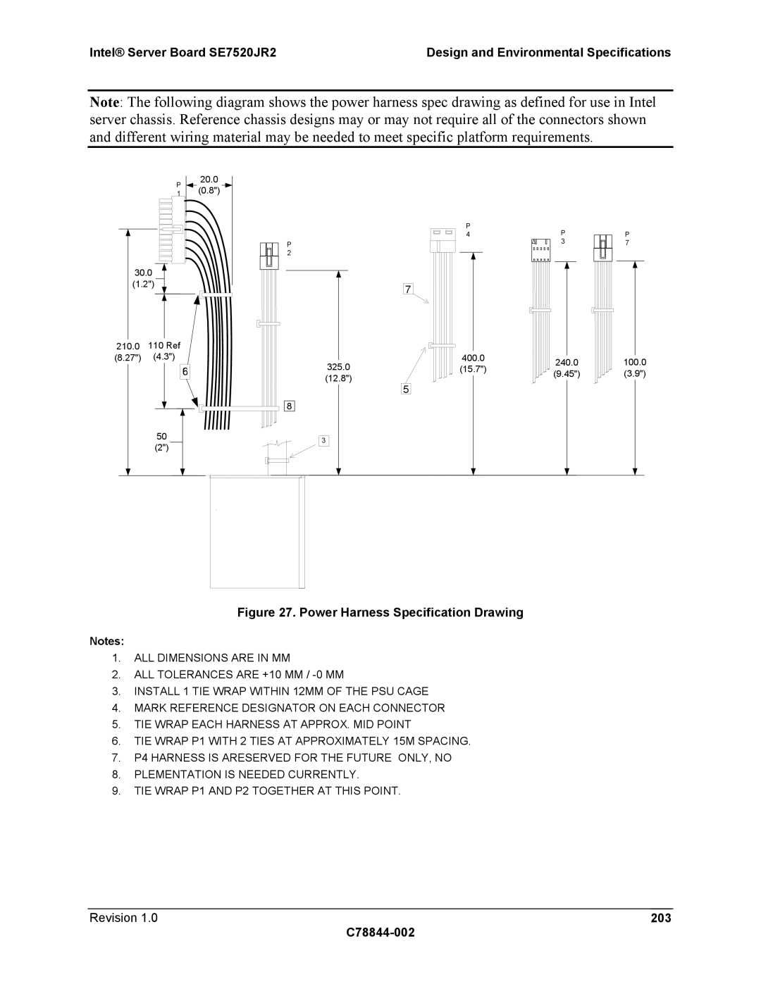 Intel SE7520JR2 manual Power Harness Specification Drawing, Revision 203 C78844-002 