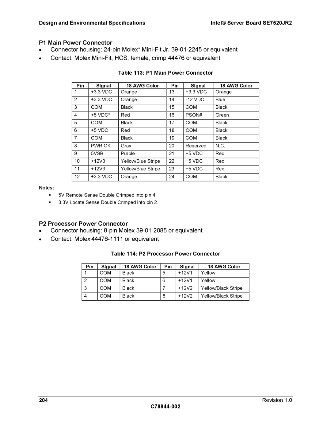 Intel SE7520JR2 manual P1 Main Power Connector, P2 Processor Power Connector, Revision C78844-002 