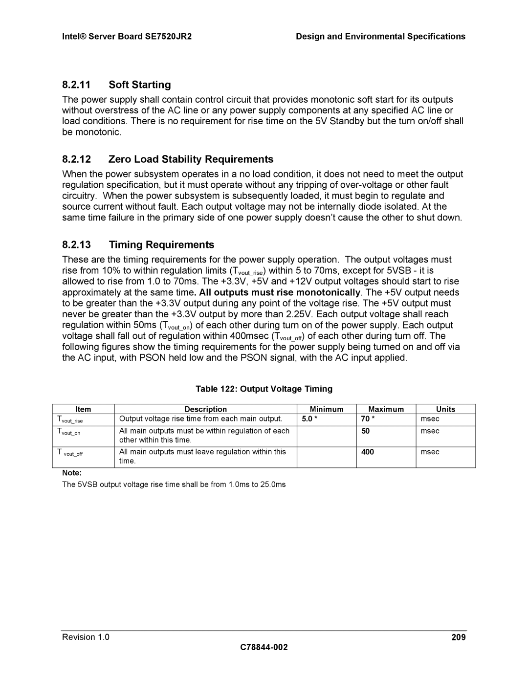 Intel SE7520JR2 manual Soft Starting, Zero Load Stability Requirements, Timing Requirements, Output Voltage Timing 