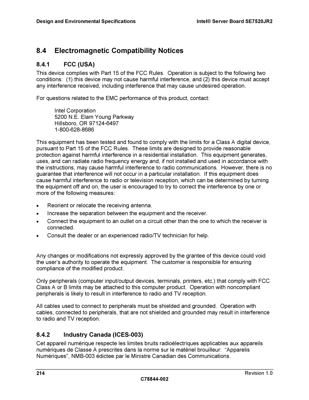 Intel SE7520JR2 manual Electromagnetic Compatibility Notices, Fcc Usa, Industry Canada ICES-003, Revision C78844-002 