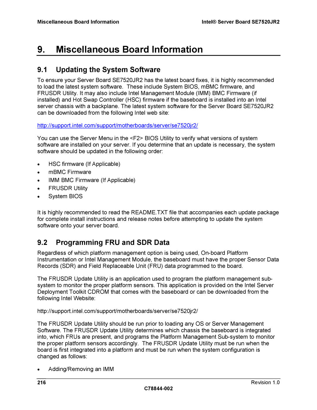 Intel SE7520JR2 manual Updating the System Software, Programming FRU and SDR Data, Revision C78844-002 