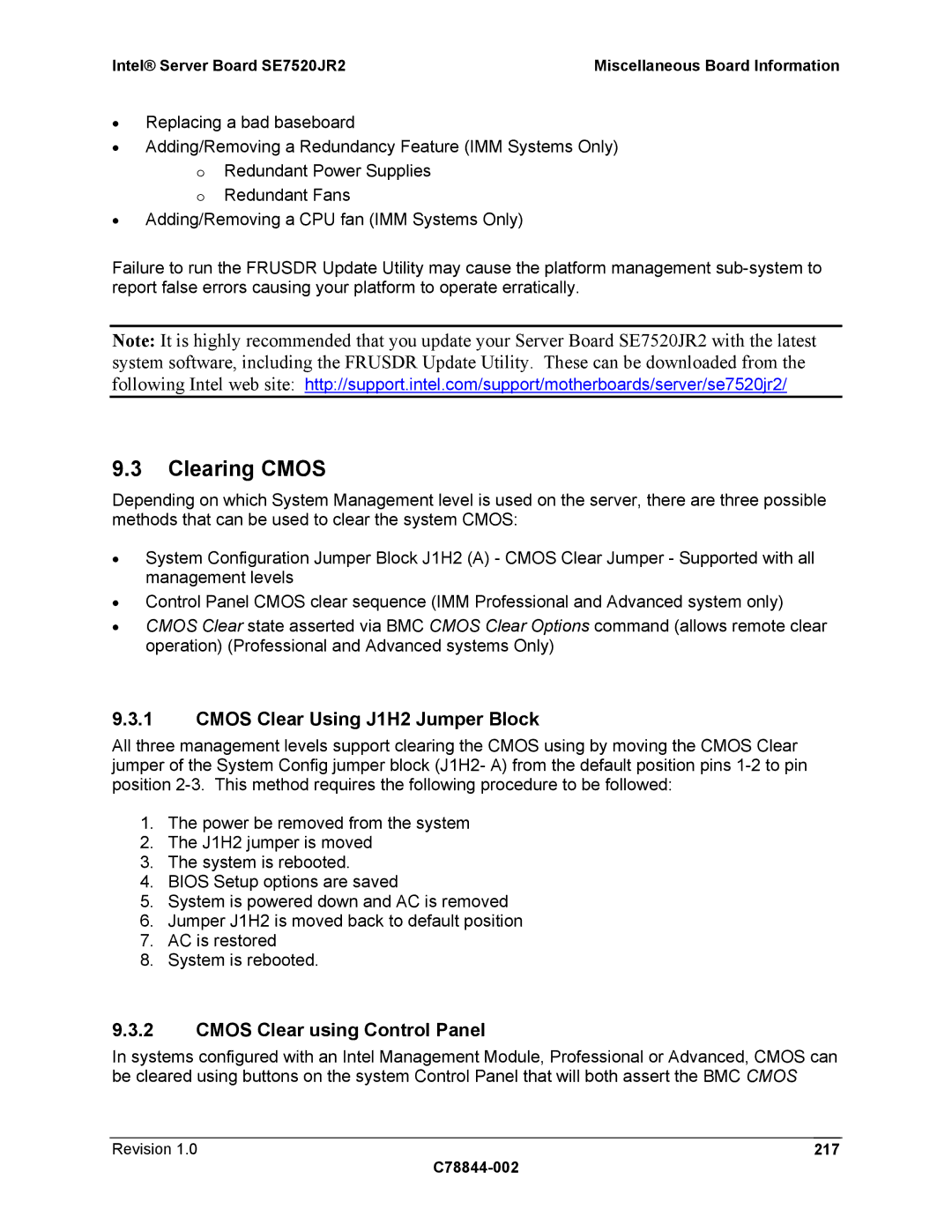 Intel SE7520JR2 Clearing Cmos, Cmos Clear Using J1H2 Jumper Block, Cmos Clear using Control Panel, Revision 217 C78844-002 