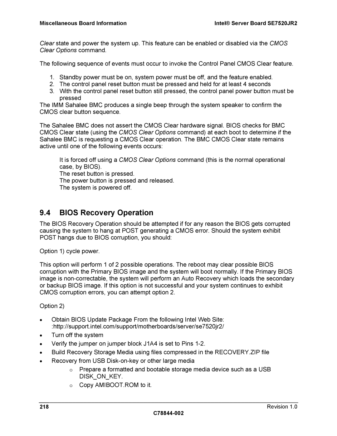 Intel SE7520JR2 manual Bios Recovery Operation, Revision C78844-002 