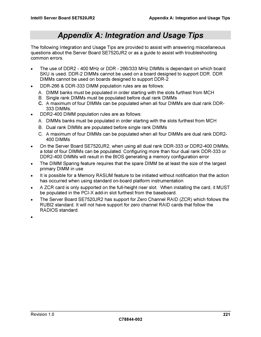 Intel SE7520JR2 manual Appendix a Integration and Usage Tips, Revision 221 C78844-002 