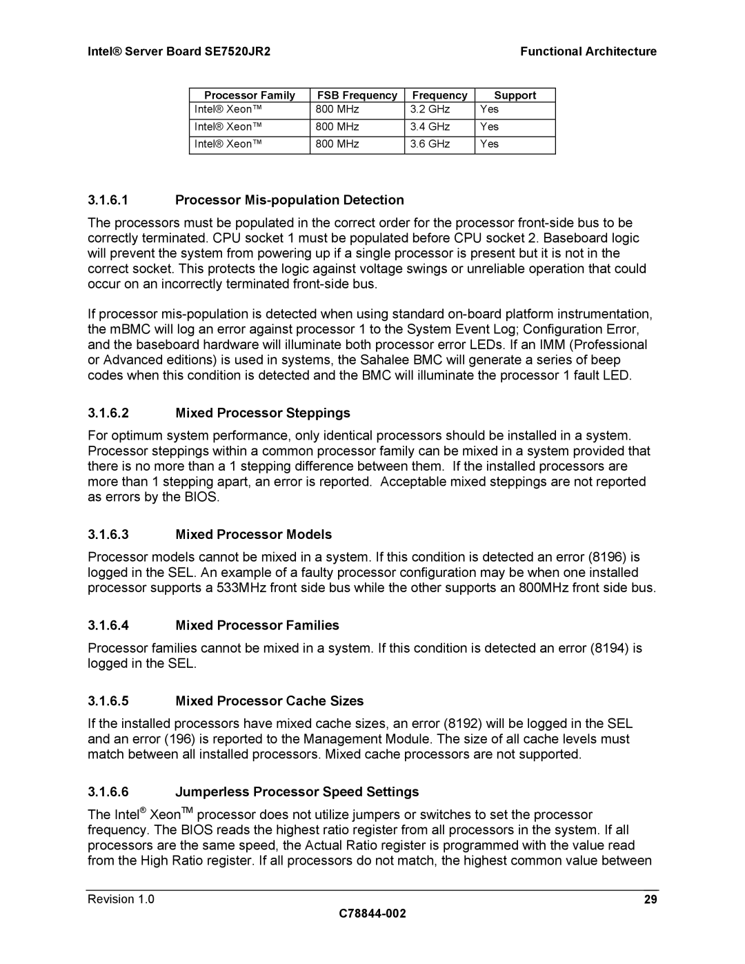 Intel SE7520JR2 manual Processor Mis-population Detection, Mixed Processor Steppings, Mixed Processor Models 