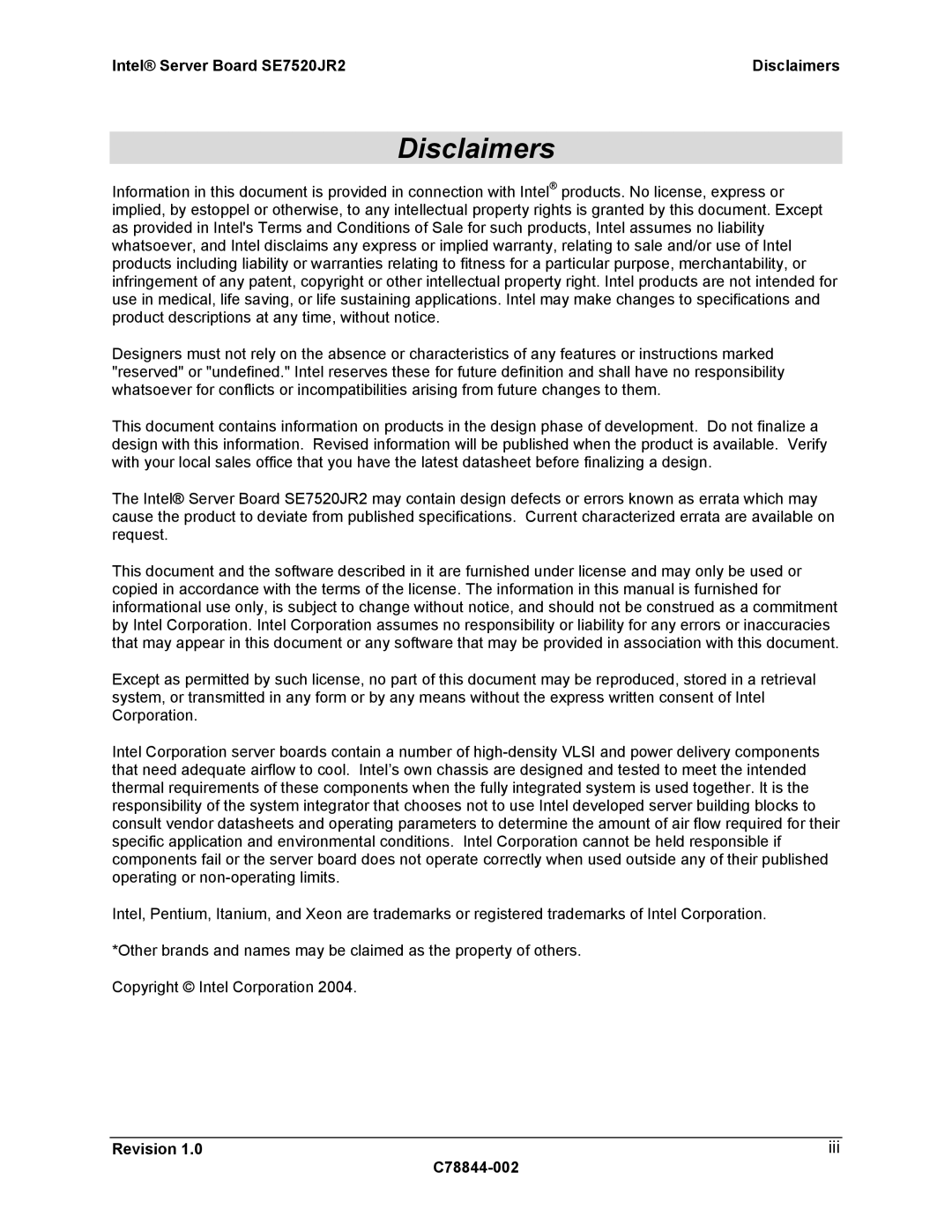 Intel manual Iii, Intel Server Board SE7520JR2 Disclaimers 