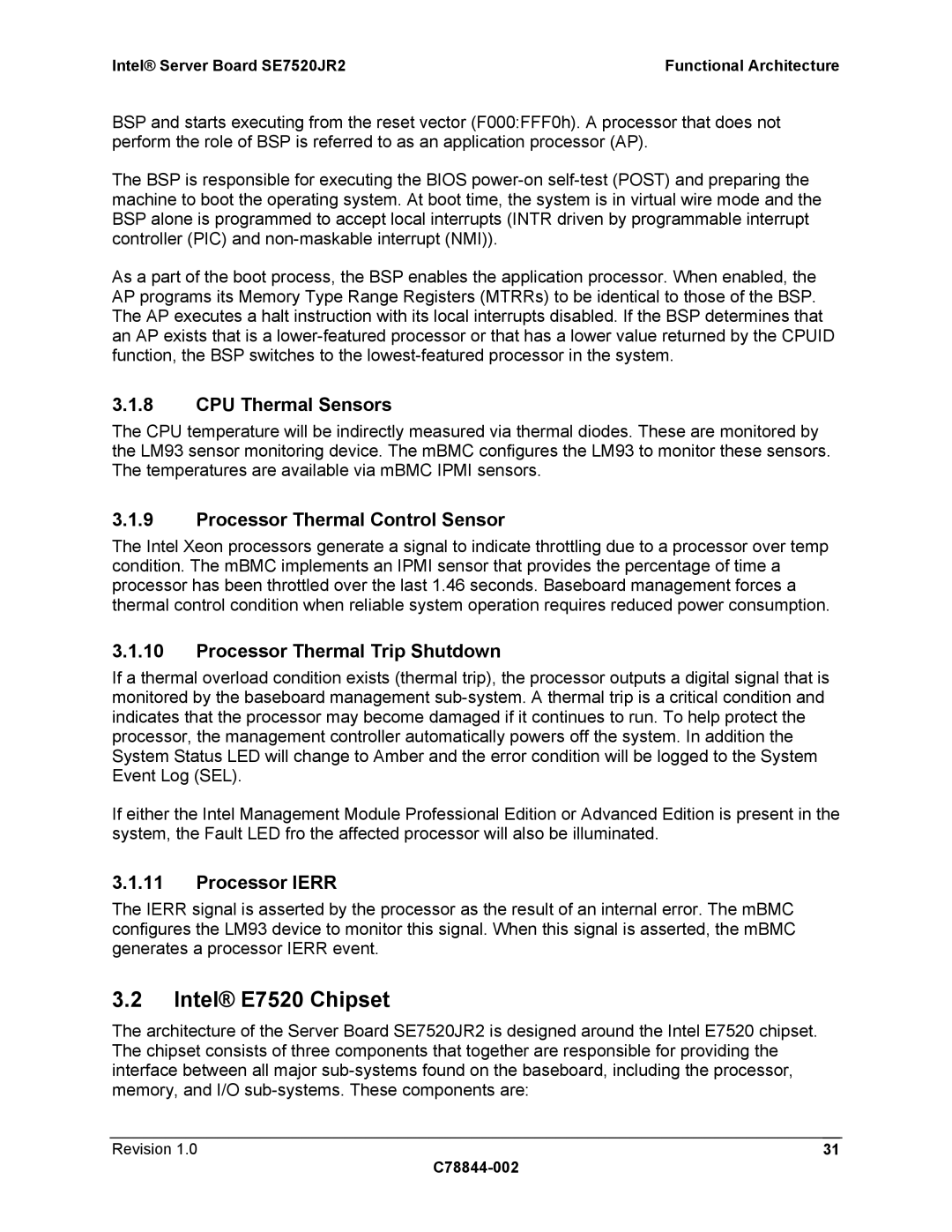 Intel SE7520JR2 manual Intel E7520 Chipset, CPU Thermal Sensors, Processor Thermal Control Sensor, Processor Ierr 