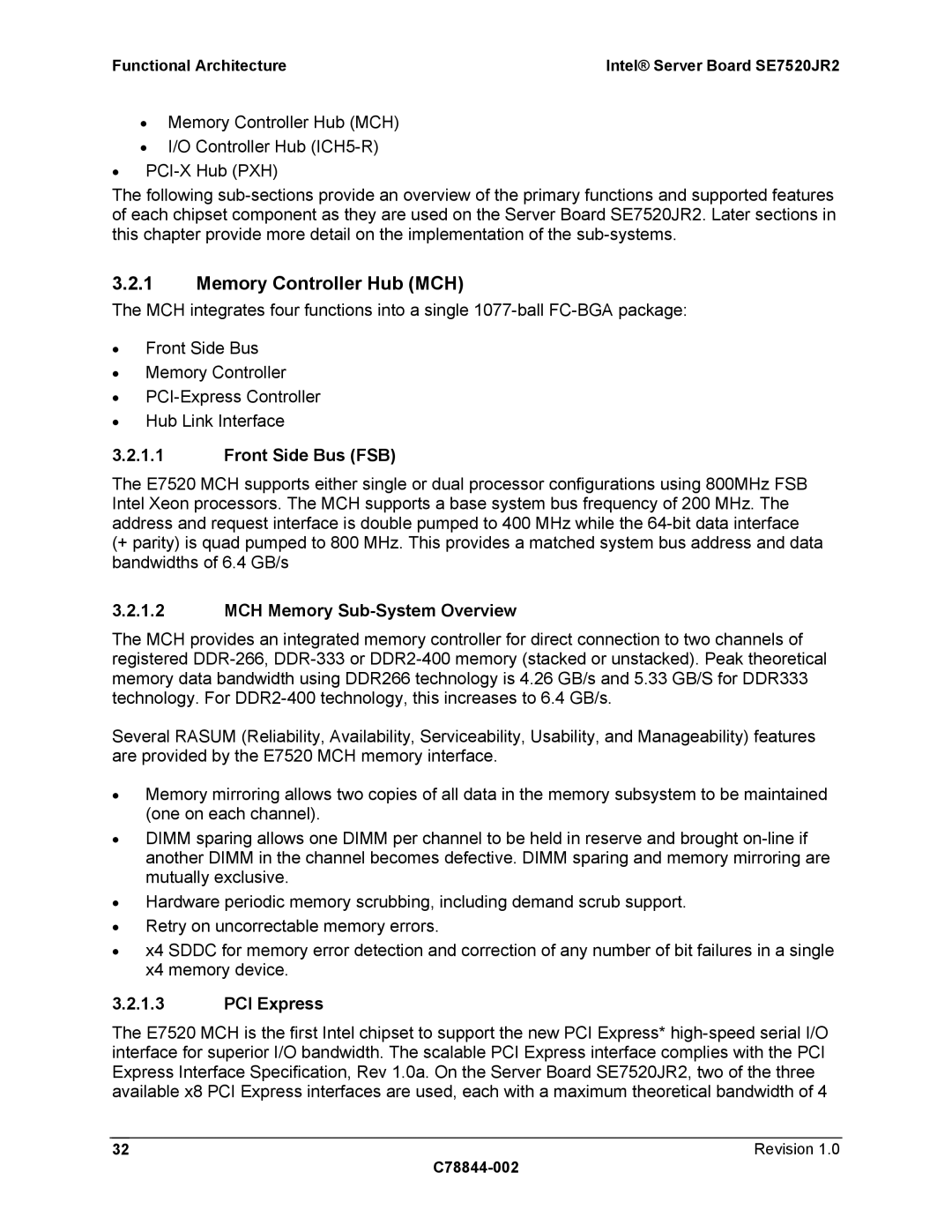 Intel SE7520JR2 manual Memory Controller Hub MCH, Front Side Bus FSB, MCH Memory Sub-System Overview, PCI Express 