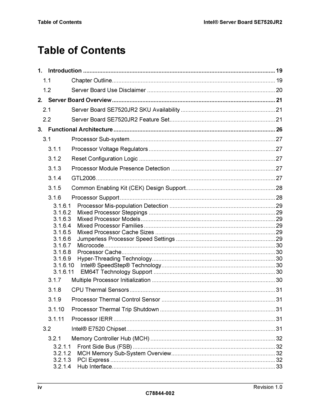 Intel SE7520JR2 manual Table of Contents 