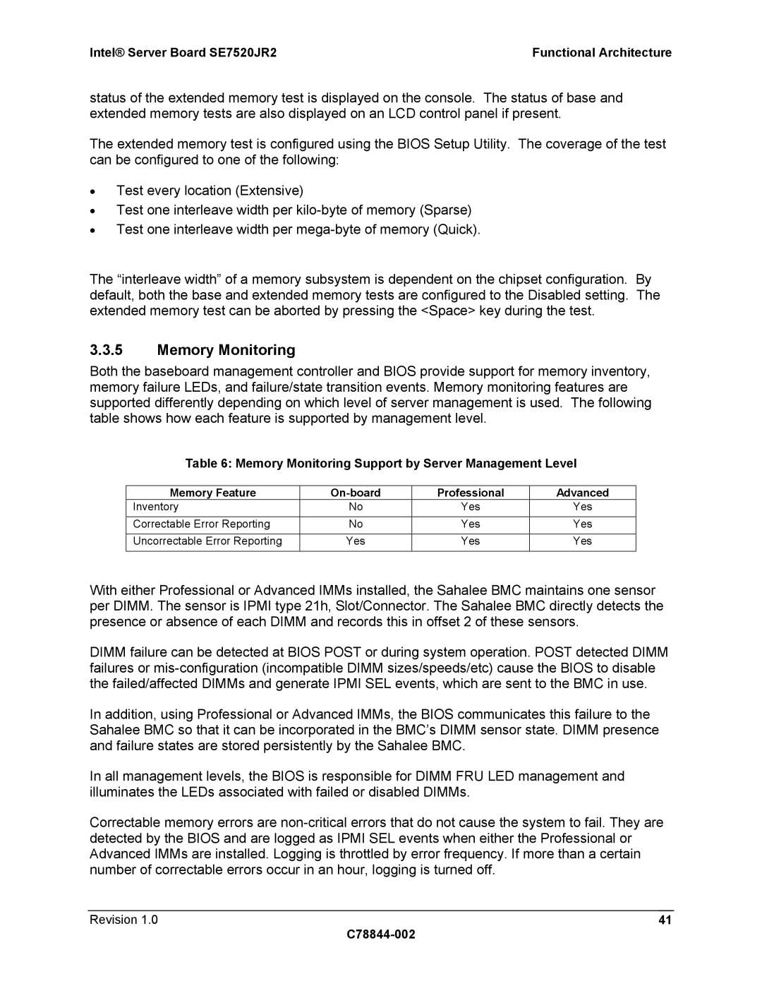 Intel SE7520JR2 Memory Monitoring Support by Server Management Level, Memory Feature On-board Professional Advanced 