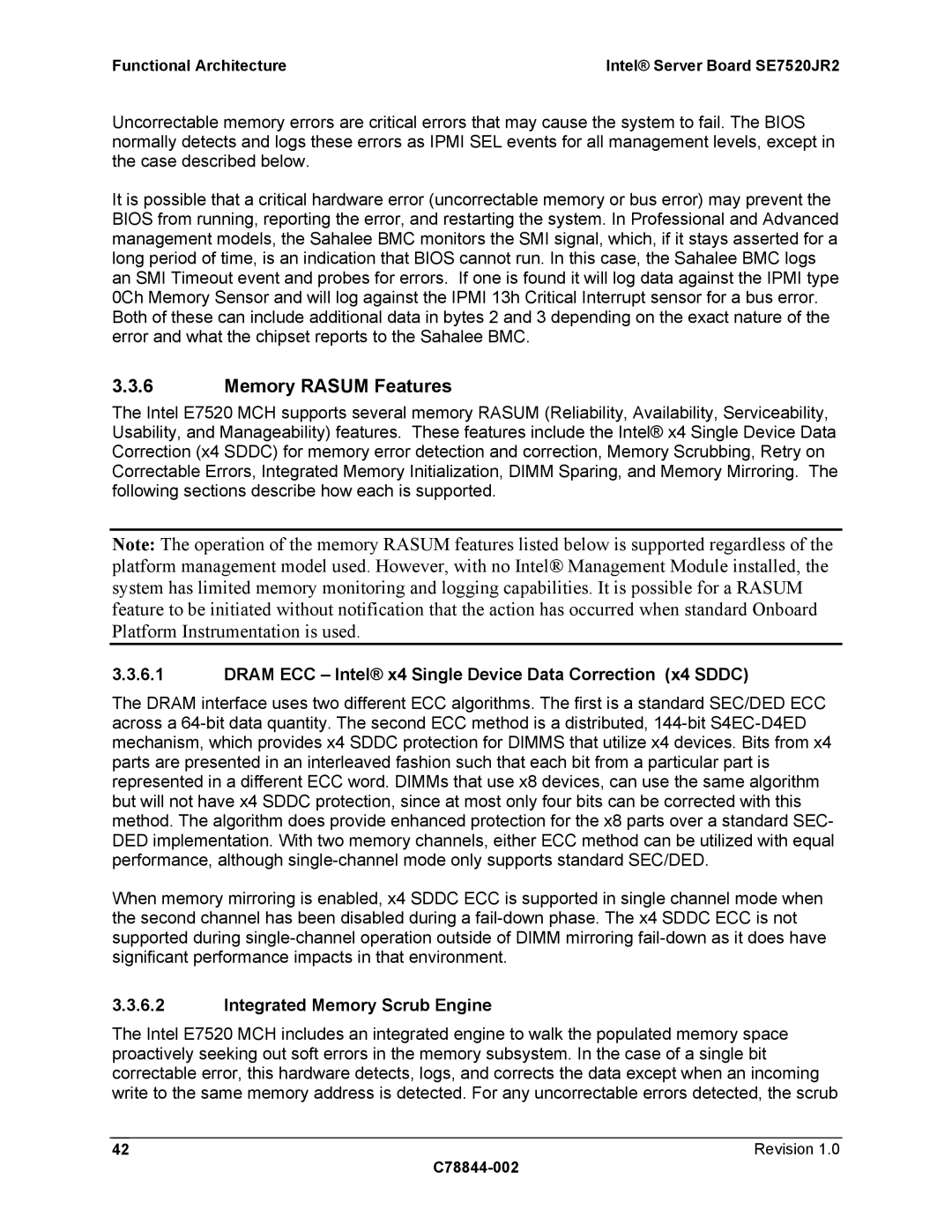 Intel SE7520JR2 manual Memory Rasum Features, Dram ECC Intel x4 Single Device Data Correction x4 Sddc 