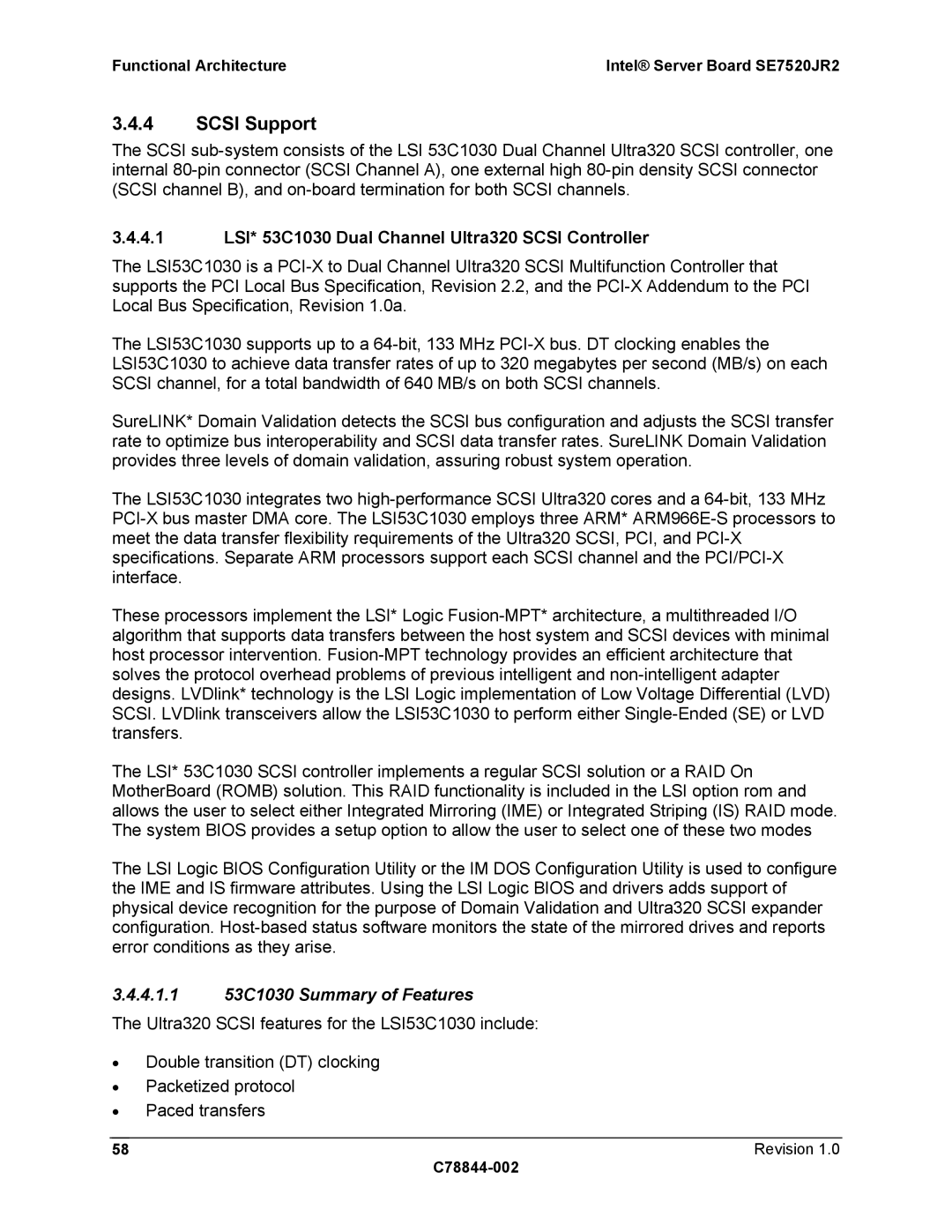 Intel SE7520JR2 Scsi Support, 4.1 LSI* 53C1030 Dual Channel Ultra320 Scsi Controller, 4.1.1 53C1030 Summary of Features 