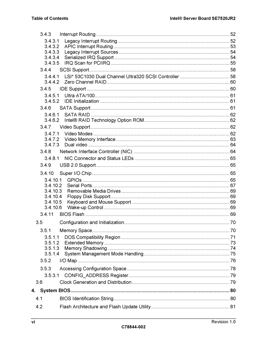 Intel manual Table of Contents Intel Server Board SE7520JR2, System Bios 