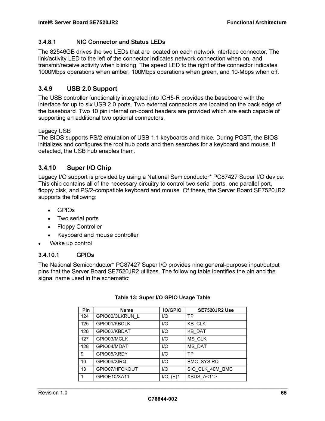 Intel SE7520JR2 manual USB 2.0 Support, Super I/O Chip, NIC Connector and Status LEDs, GPIOs, Super I/O Gpio Usage Table 