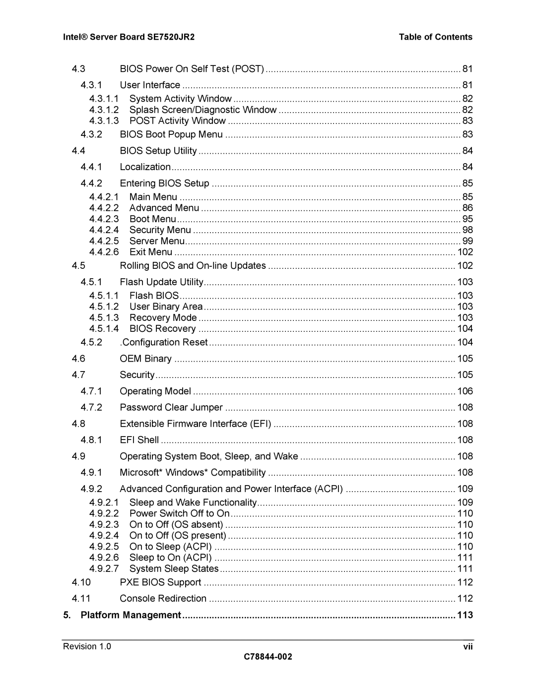 Intel SE7520JR2 manual 113, Vii, Platform Management 