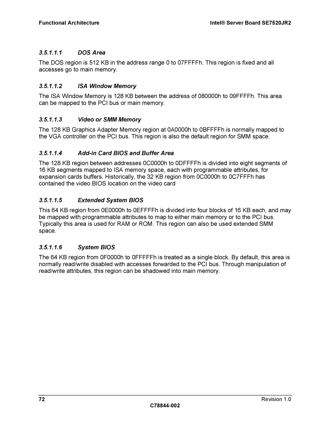 Intel SE7520JR2 DOS Area, ISA Window Memory, Video or SMM Memory, Add-in Card Bios and Buffer Area, Extended System Bios 
