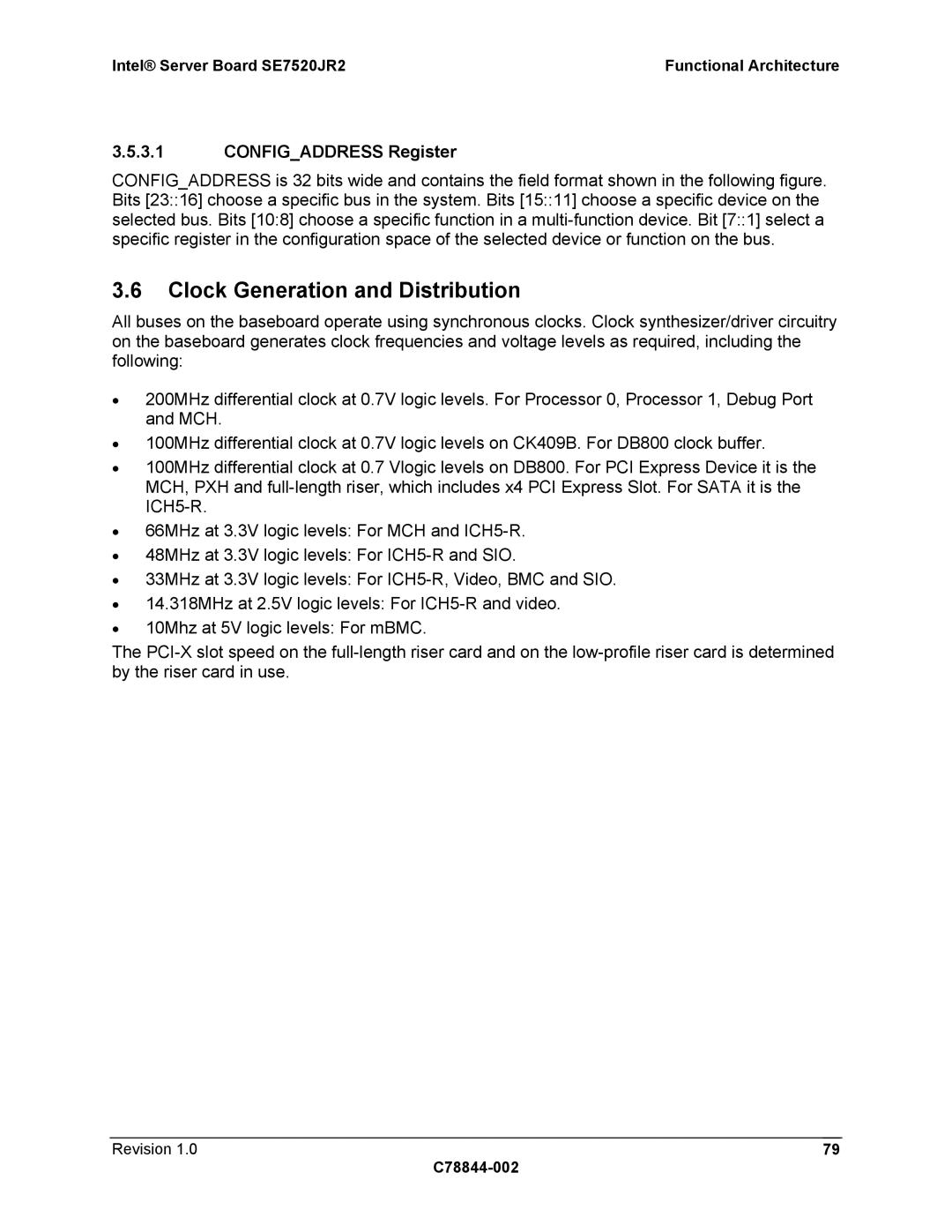 Intel SE7520JR2 manual Clock Generation and Distribution, Configaddress Register 