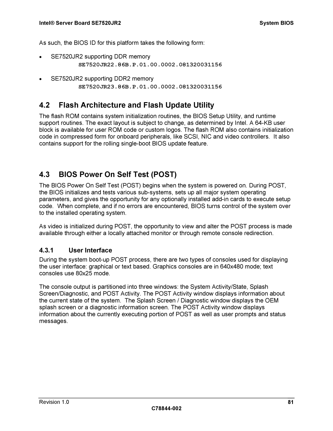 Intel SE7520JR2 manual Flash Architecture and Flash Update Utility, Bios Power On Self Test Post, User Interface 