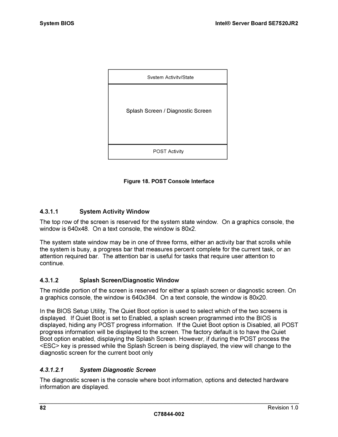 Intel SE7520JR2 manual System Activity Window, Splash Screen/Diagnostic Window, System Diagnostic Screen 