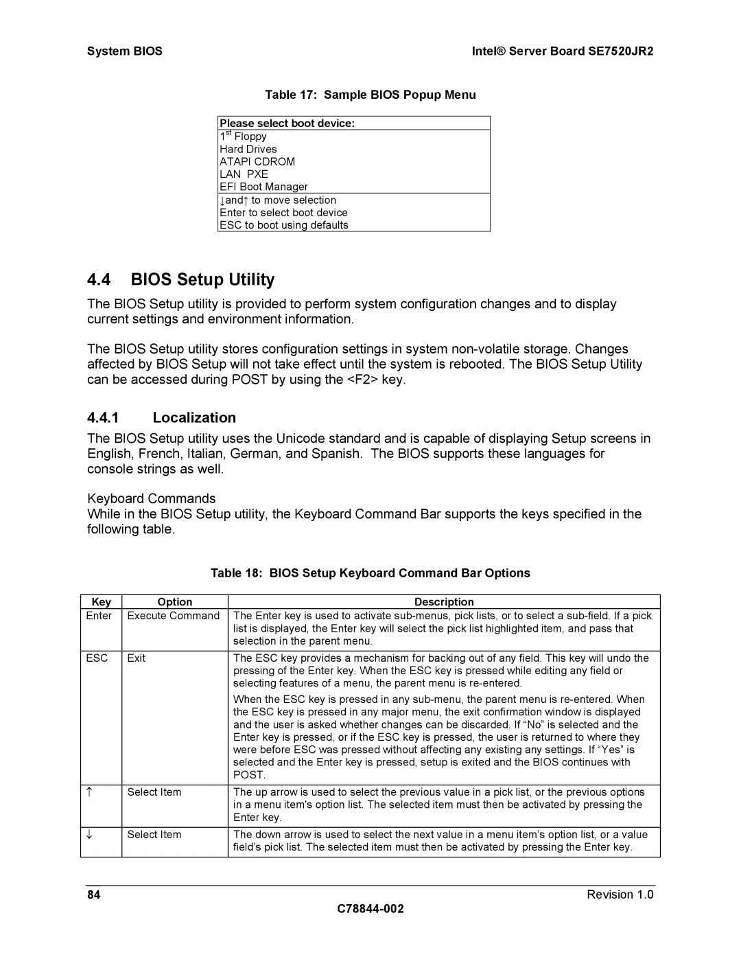 Intel SE7520JR2 manual Bios Setup Utility, Localization, Bios Setup Keyboard Command Bar Options, Please select boot device 